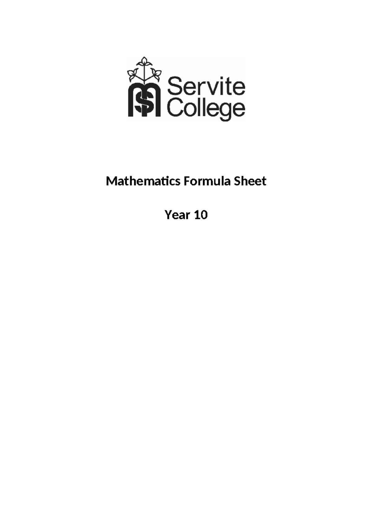 Year 10 Formula Sheet 2024 Mathematics Formula Sheet Year 10 Index