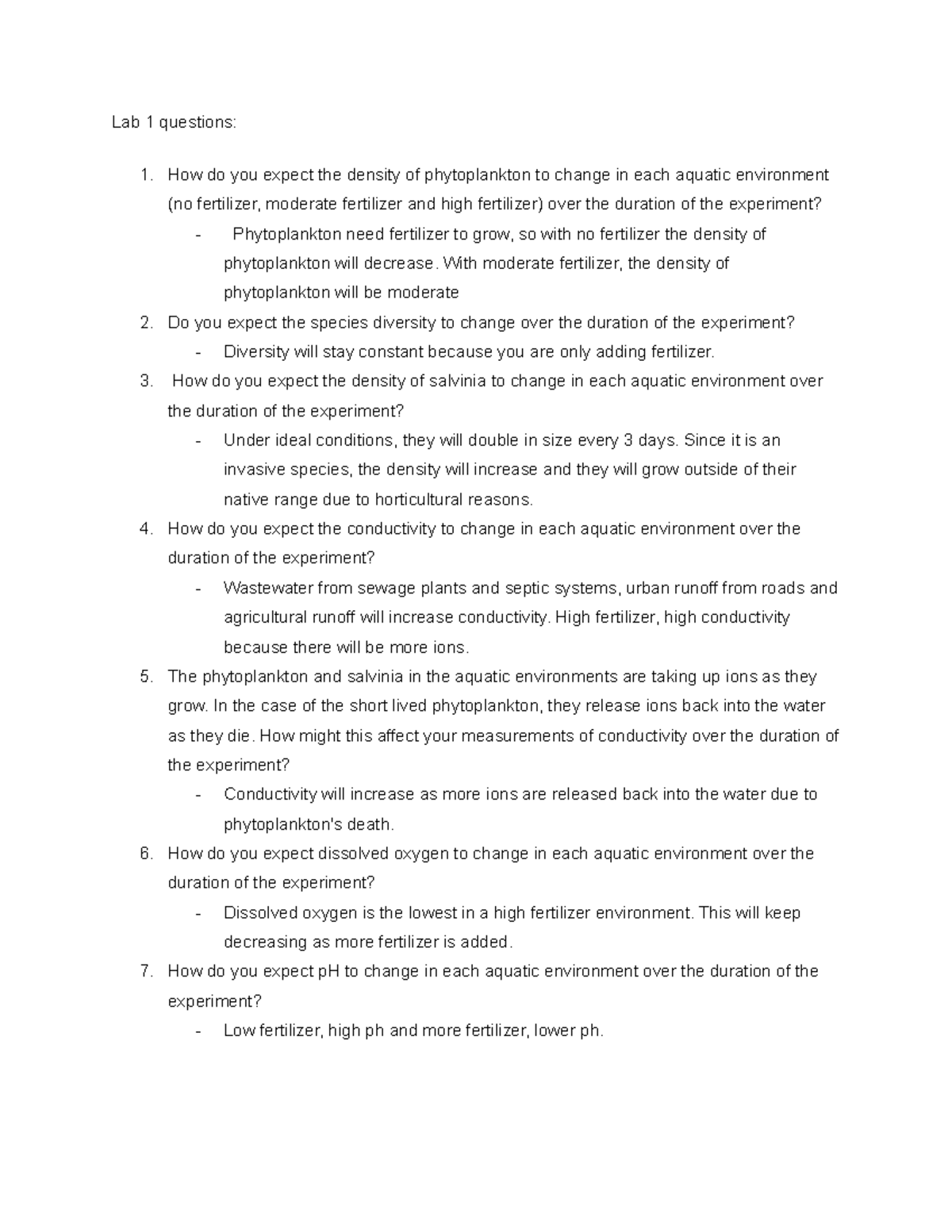 Bio lab 1 questions - Lab 1 questions: How do you expect the density of ...