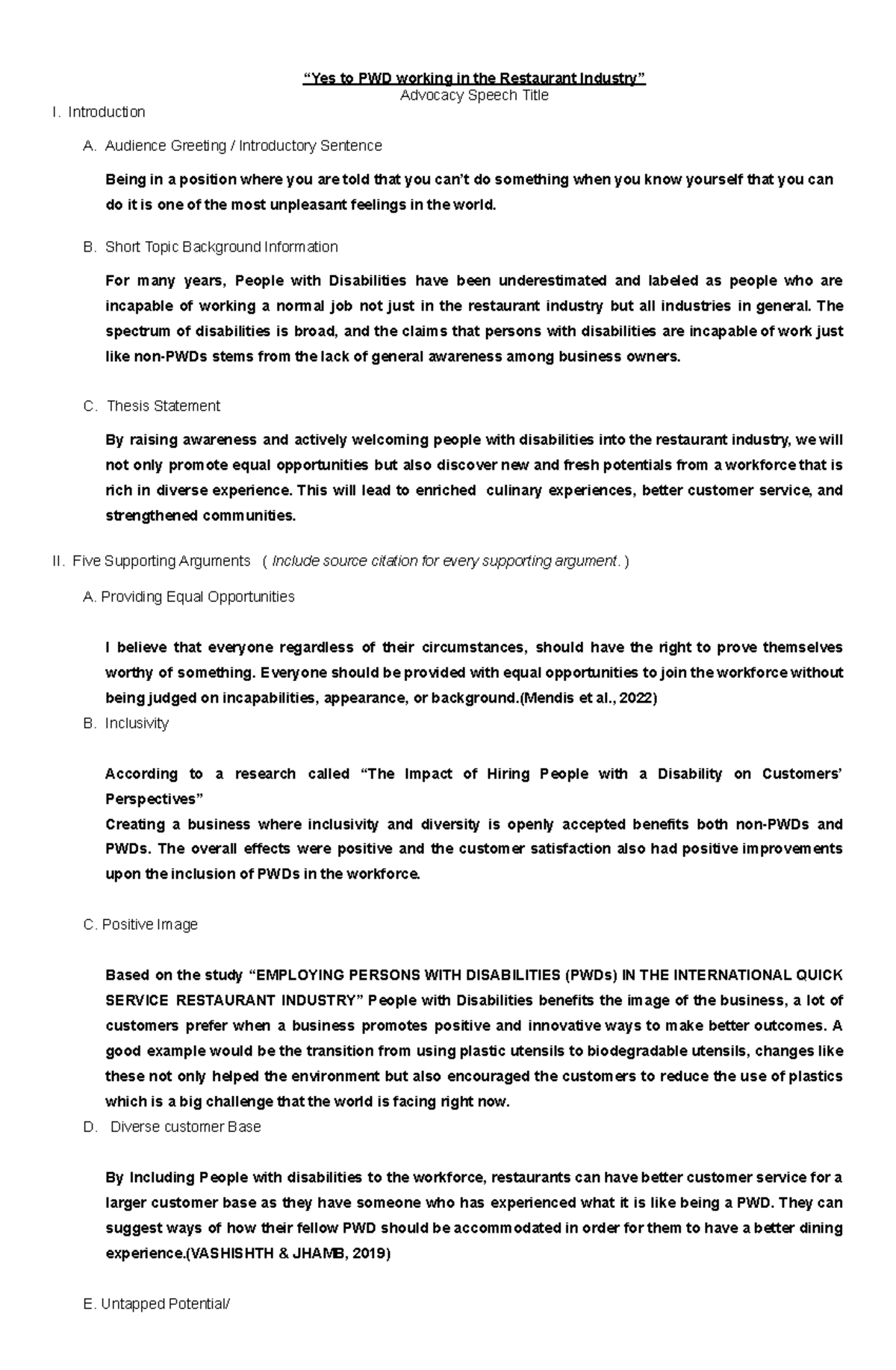 PWD Advocacy Speech - “Yes to PWD working in the Restaurant Industry ...