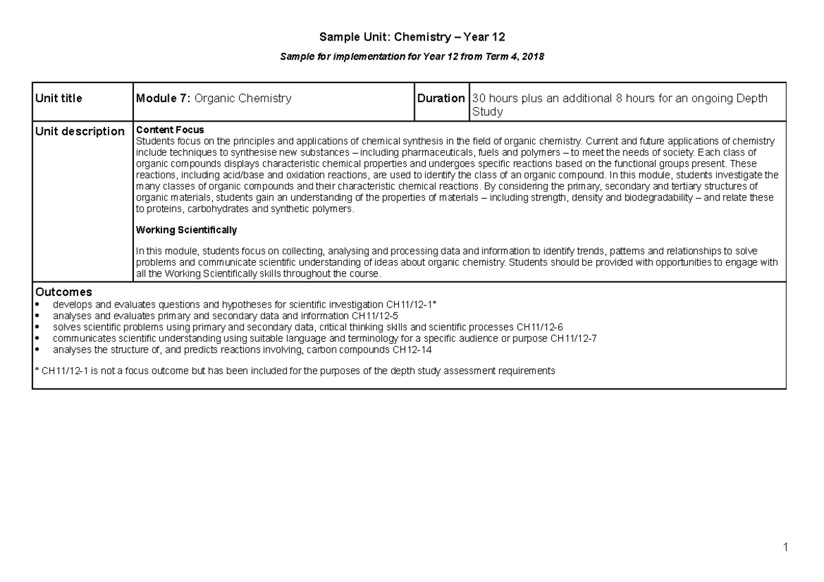 Chemistry stage 6 year 12 sample unit module 7 organic chemistry ...