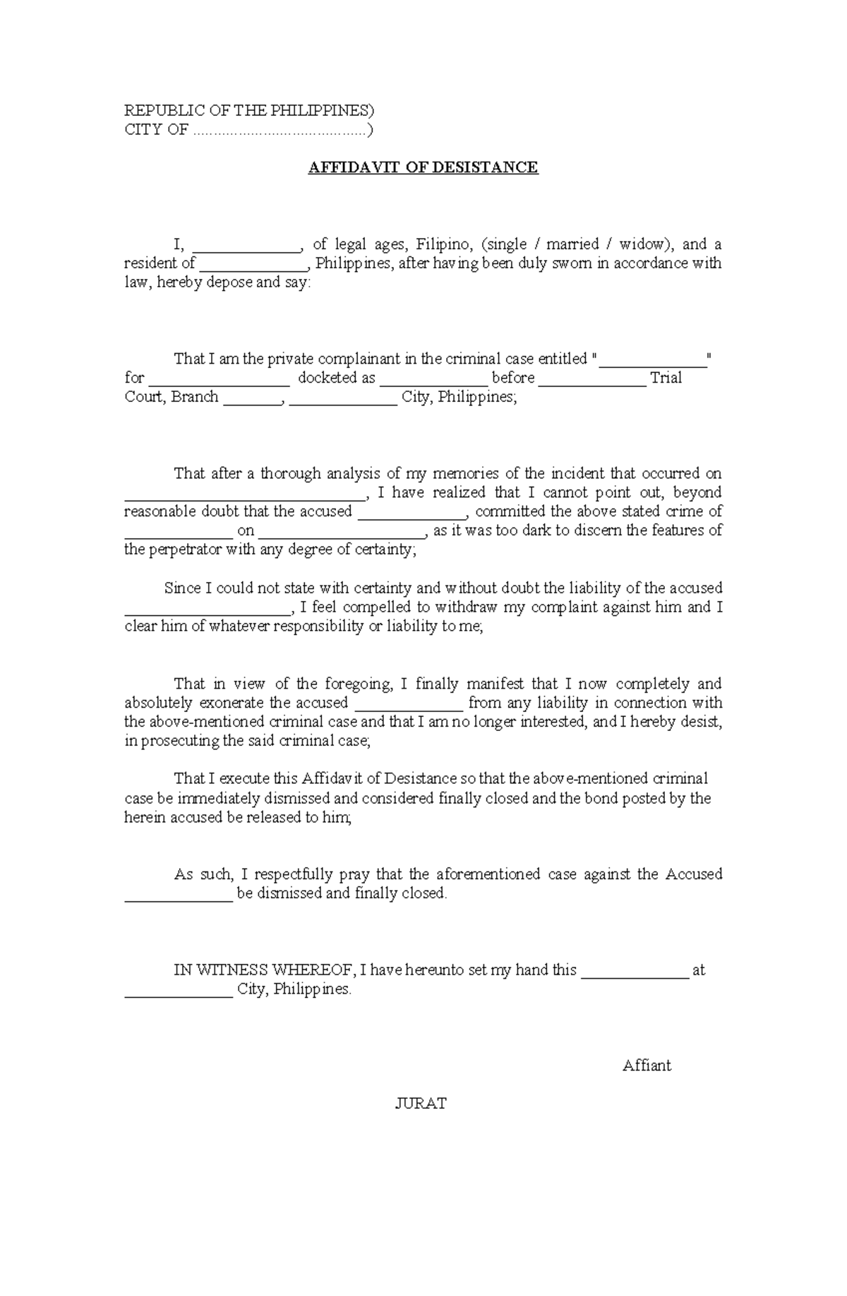 123938708 Affidavit Of Desistance - Republic Of The Philippines) City 