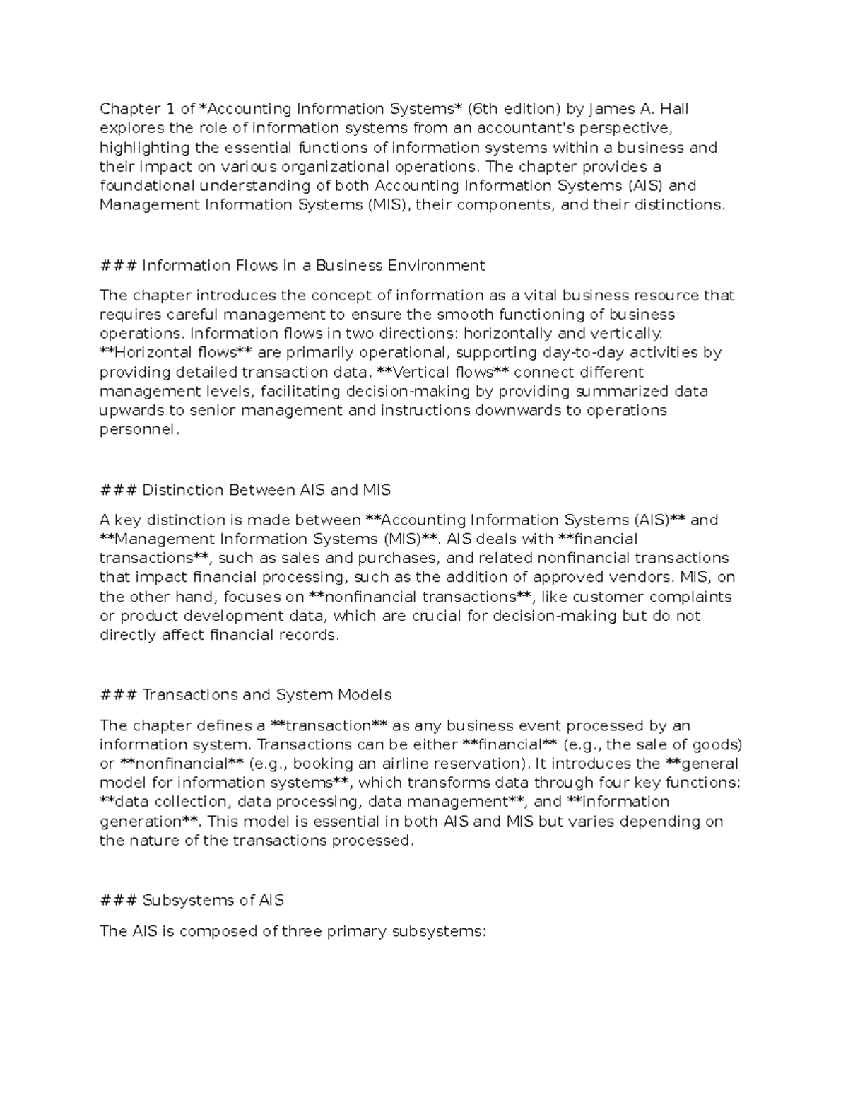 Notes on chapter 1 - Chapter 1 of Accounting Information Systems (6th ...