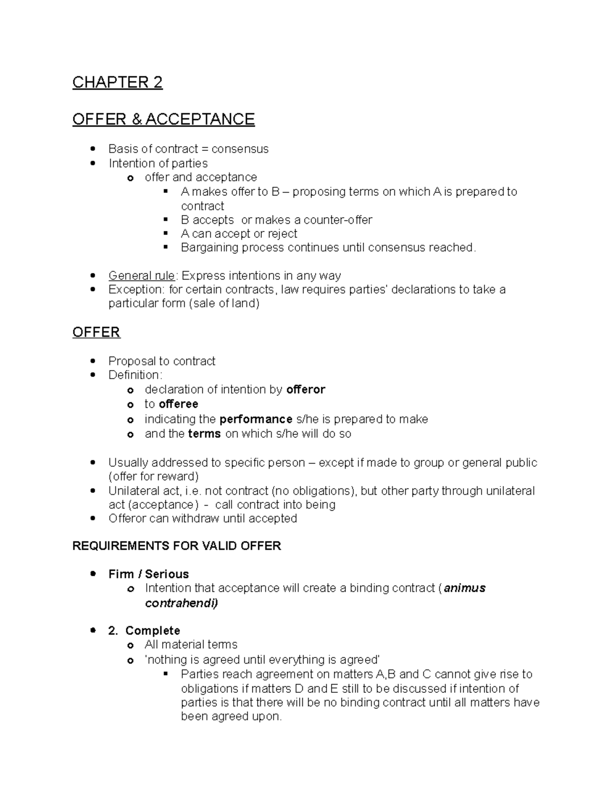 Chapter 2 - CHAPTER 2 OFFER & ACCEPTANCE Basis of contract = consensus ...