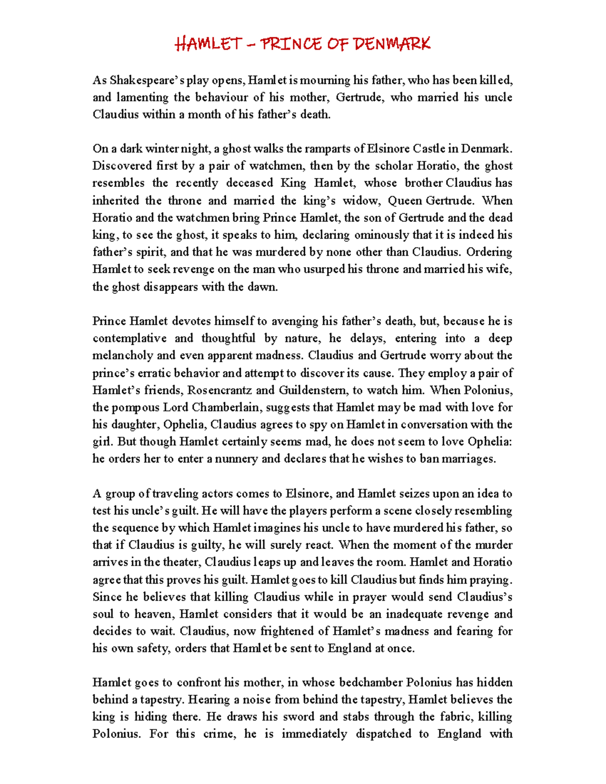 3. Summary OF Hamlet - HAMLET – PRINCE OF DENMARK As Shakespeare’s play