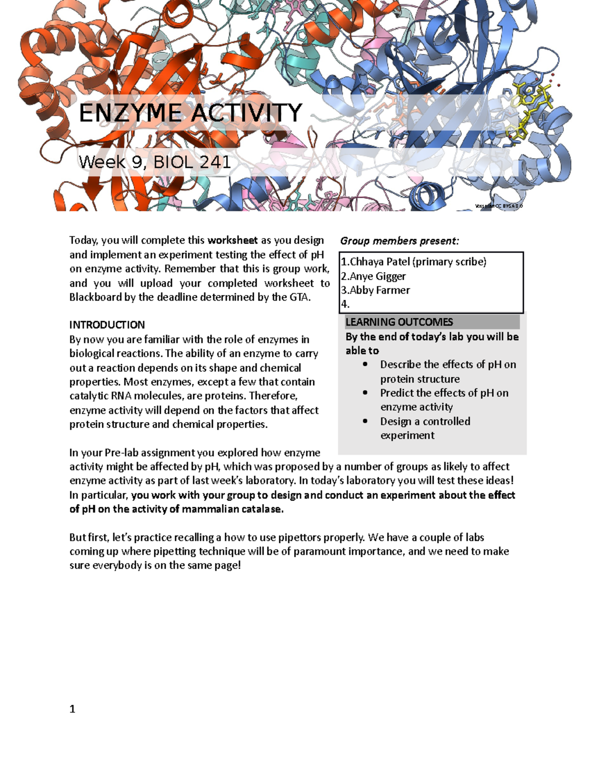 Week 9 enzymes part ii Today, you will complete this worksheet as you