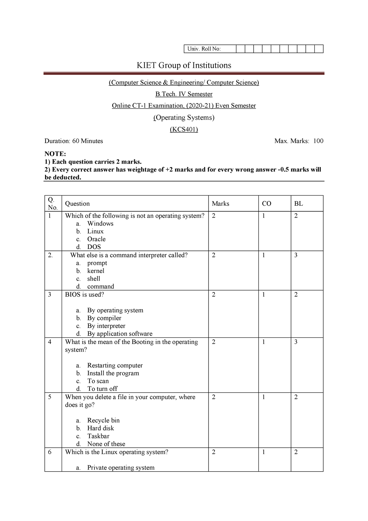 OS CT1 Paper (2020-21) - Operating Systems Practice Questions For Unit ...