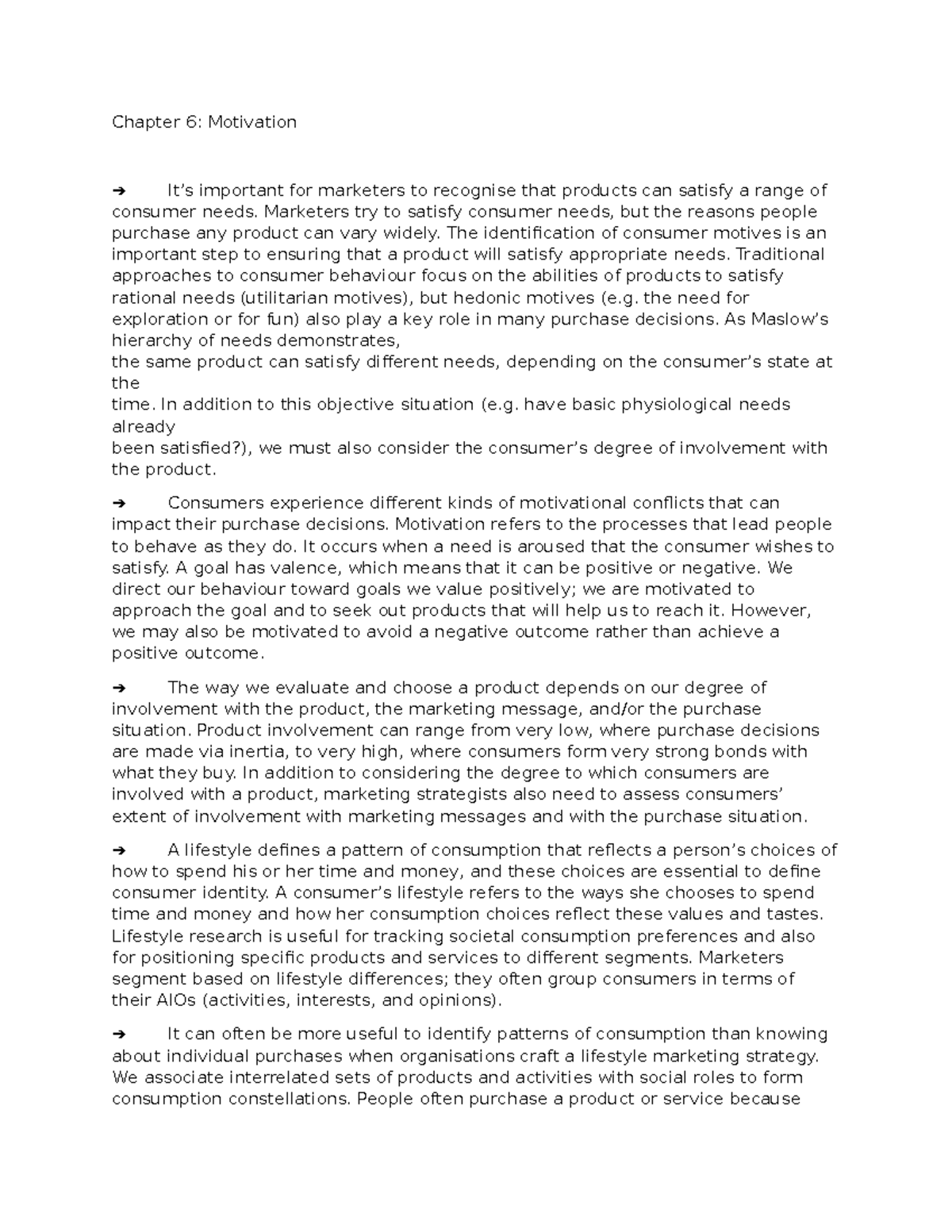 Consumer Behaviour chapter 6 - Chapter 6: Motivation It’s important for ...