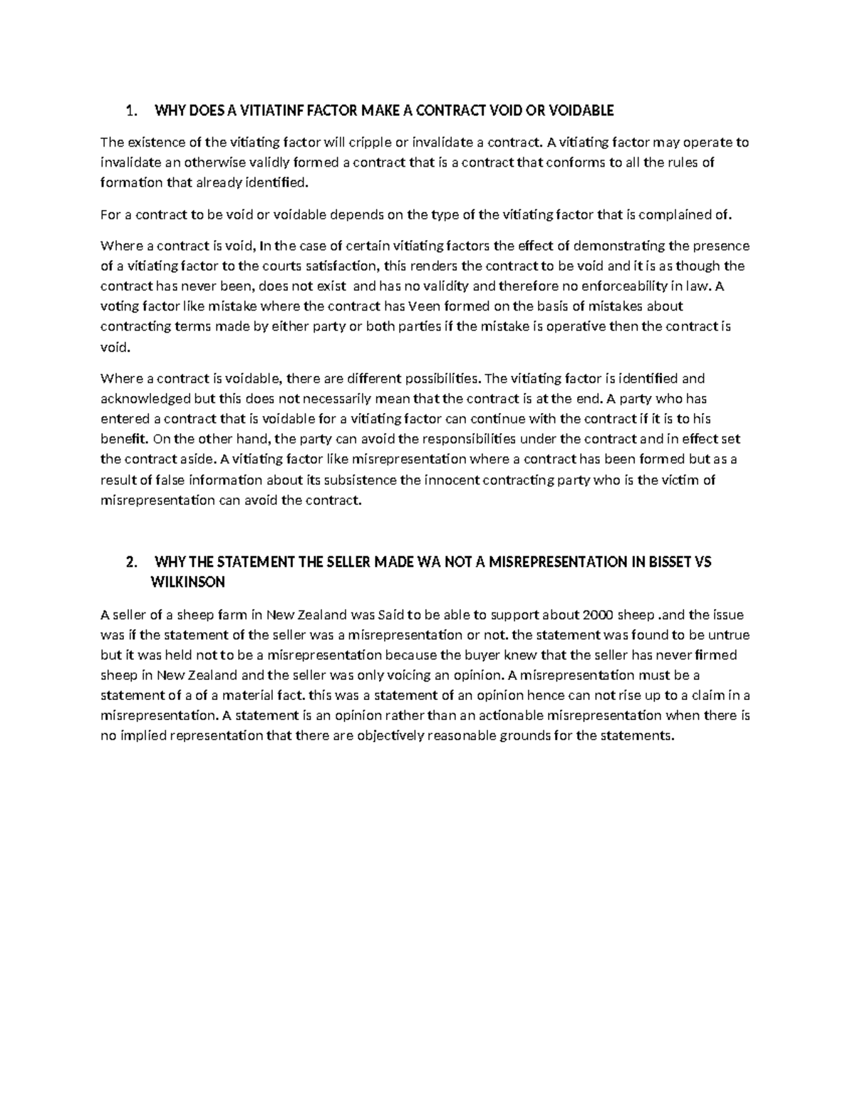 Assignment 1 contract law 2 - 1. WHY DOES A VITIATINF FACTOR MAKE A ...
