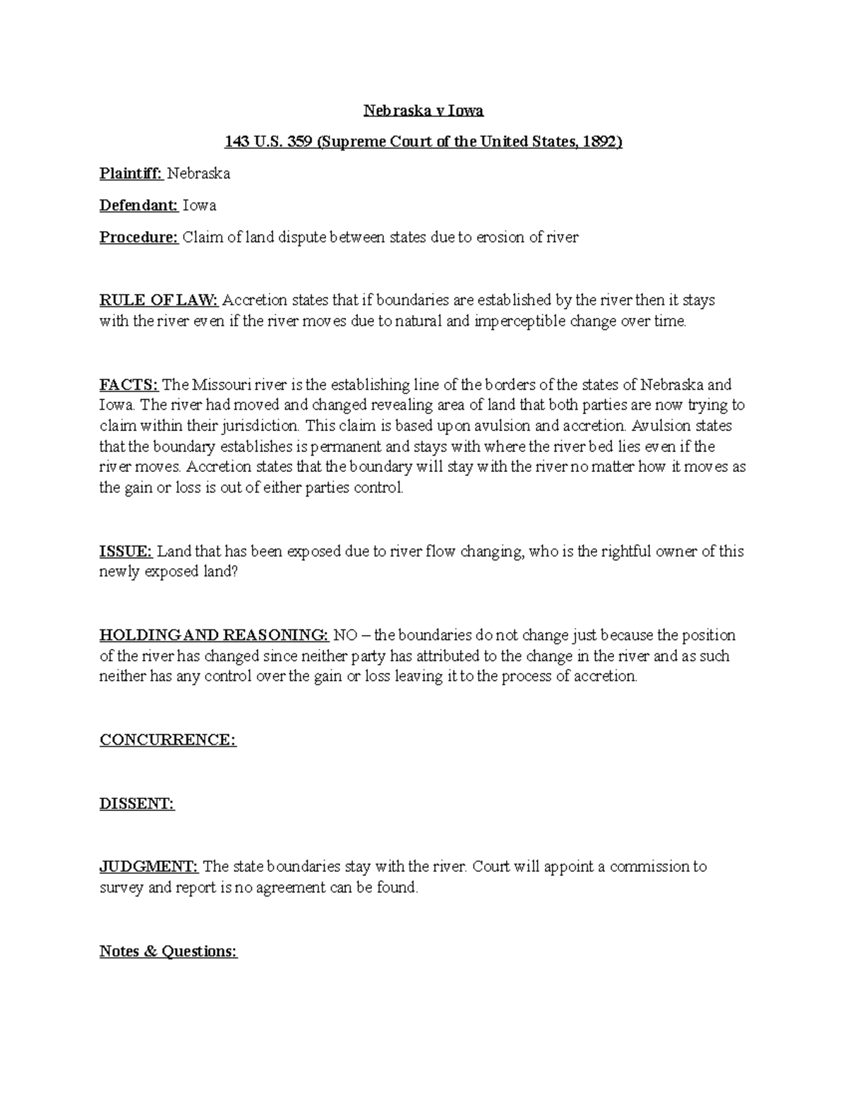 Nebraska v Iowa (1892) Case Brief Nebraska v Iowa 143 U. 359 (Supreme Court of the United