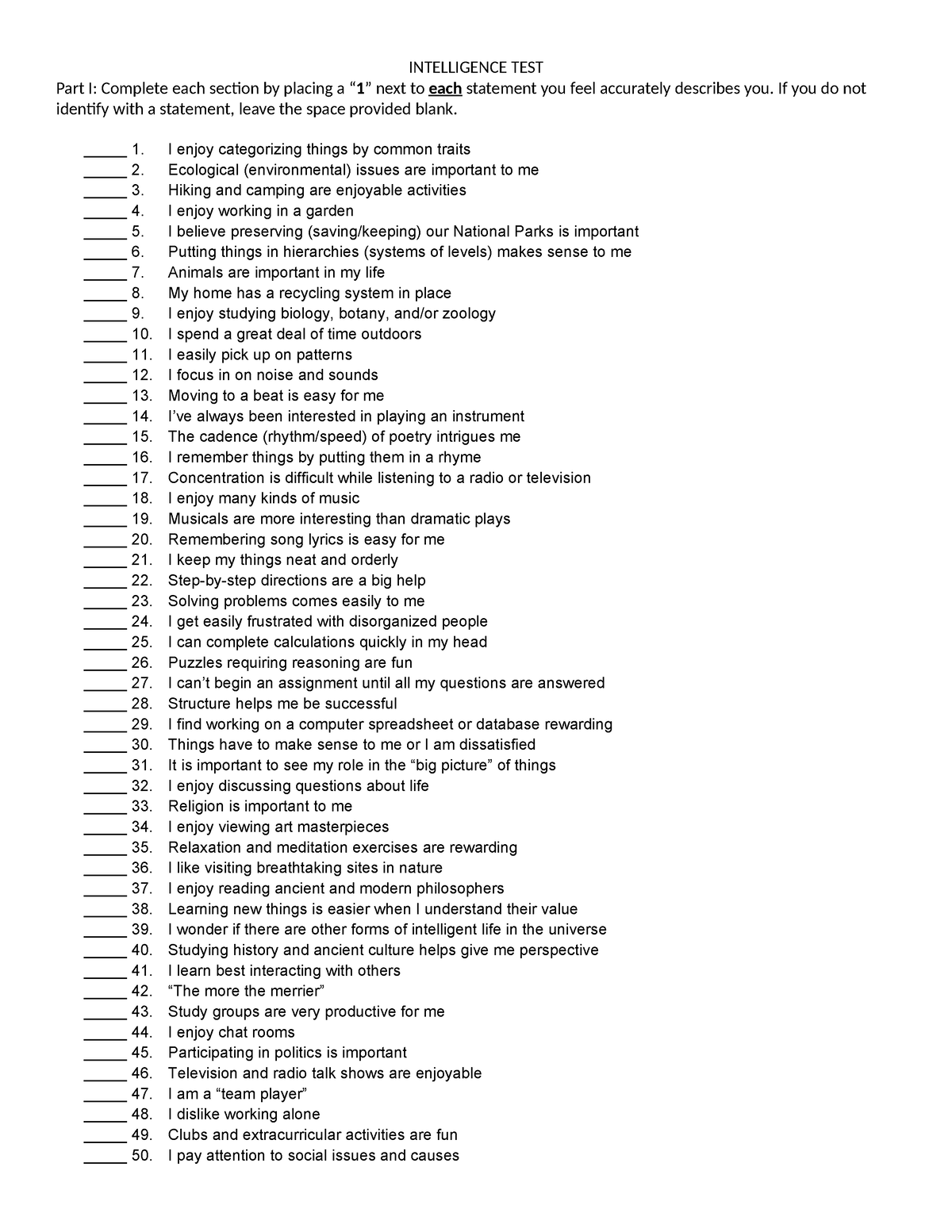 Intelligence TEST - INTELLIGENCE TEST Part I: Complete each section by ...