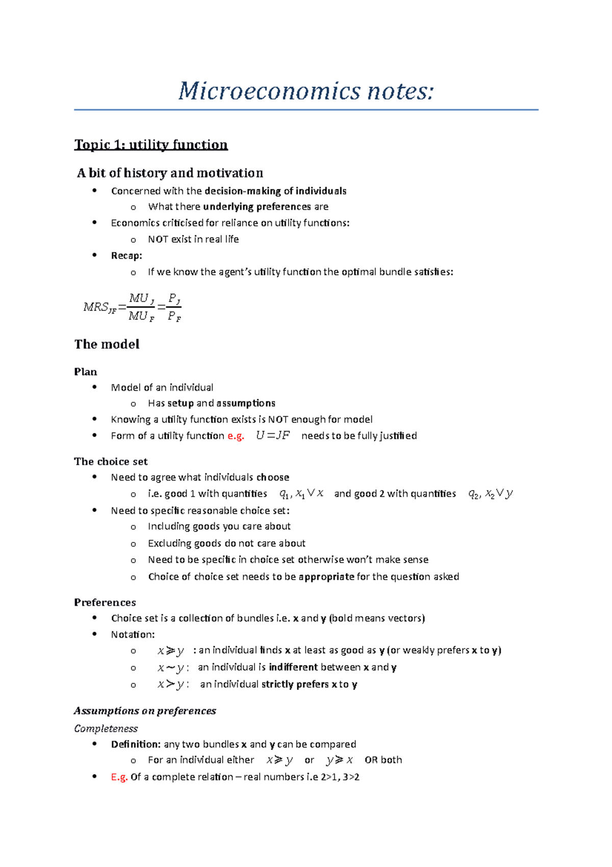 Microeconomics notes - Microeconomics notes: Topic 1: utility function ...
