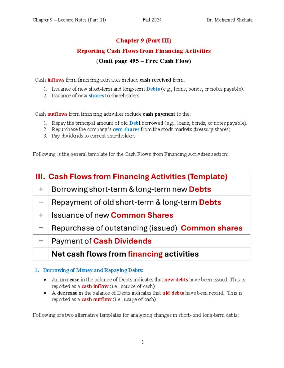 Chapter 9 Lecture Notes The Statement of Cash Flows - (Part III) Oct. 8 ...