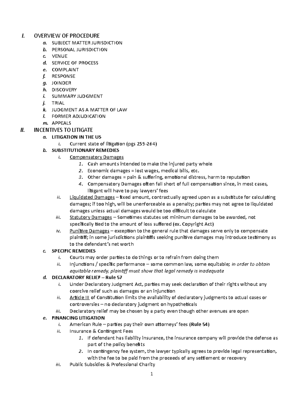 Civ Pro Outline - Michael Kusi . VERVIEW OF PROCEDURE SUBJECT MATTER ...