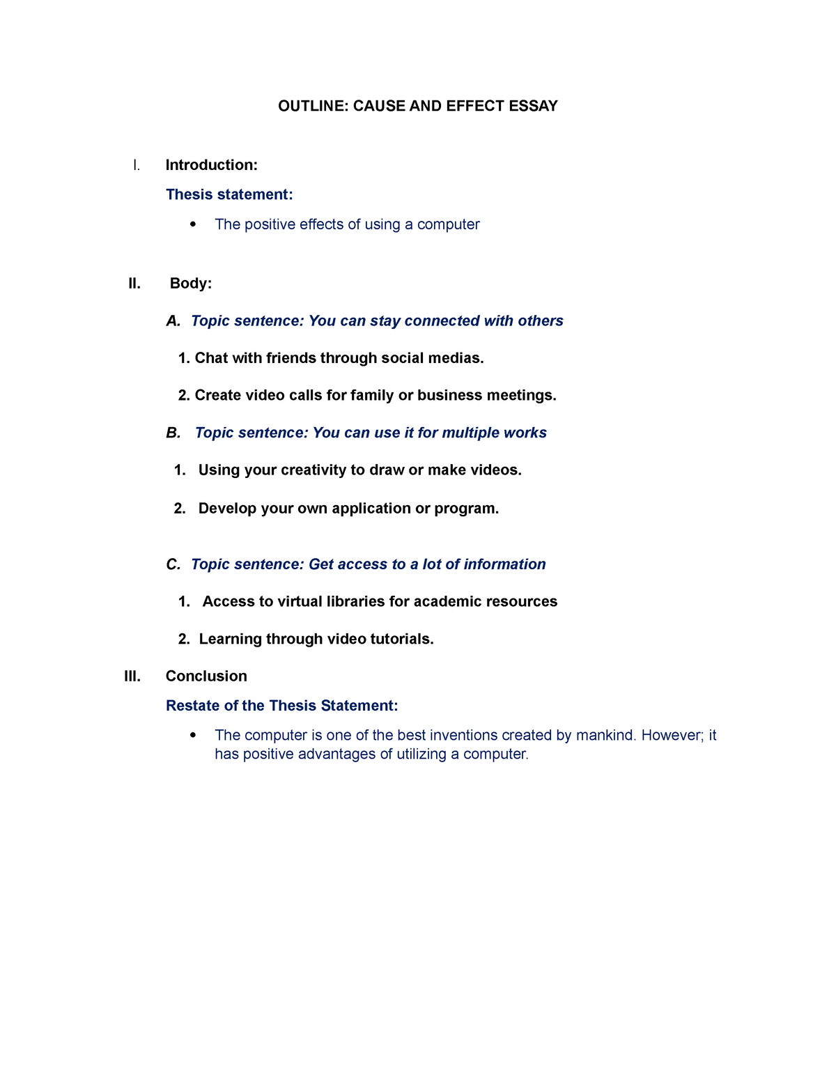 Outline - Cause AND Effect Essay - OUTLINE: CAUSE AND EFFECT ESSAY I ...