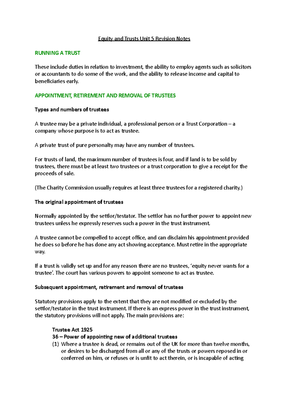 Equity and Trusts Unit 5 Revision Notes - APPOINTMENT, RETIREMENT AND ...