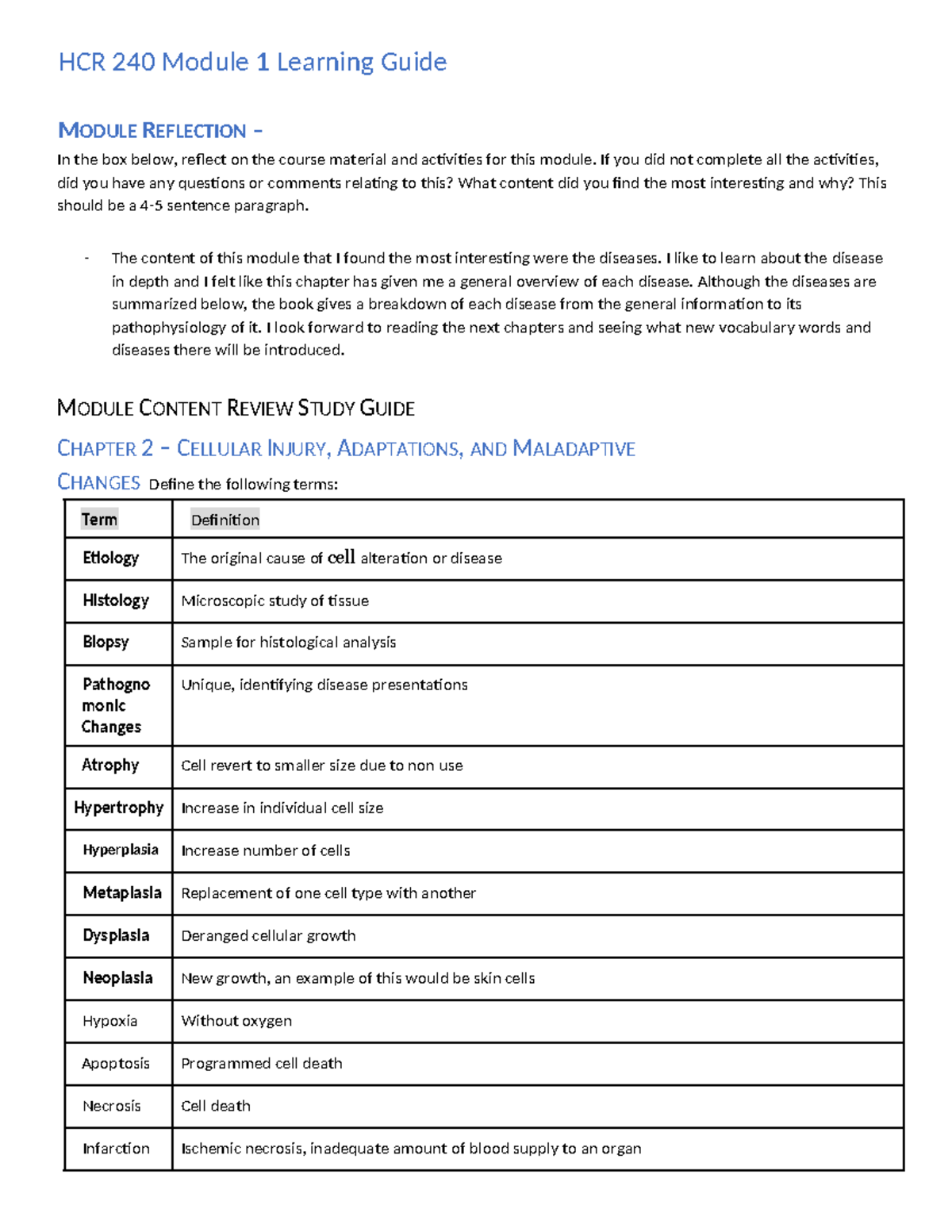 Module 1 - Learning Guide Patho - HCR 240 Module 1 Learning Guide ...