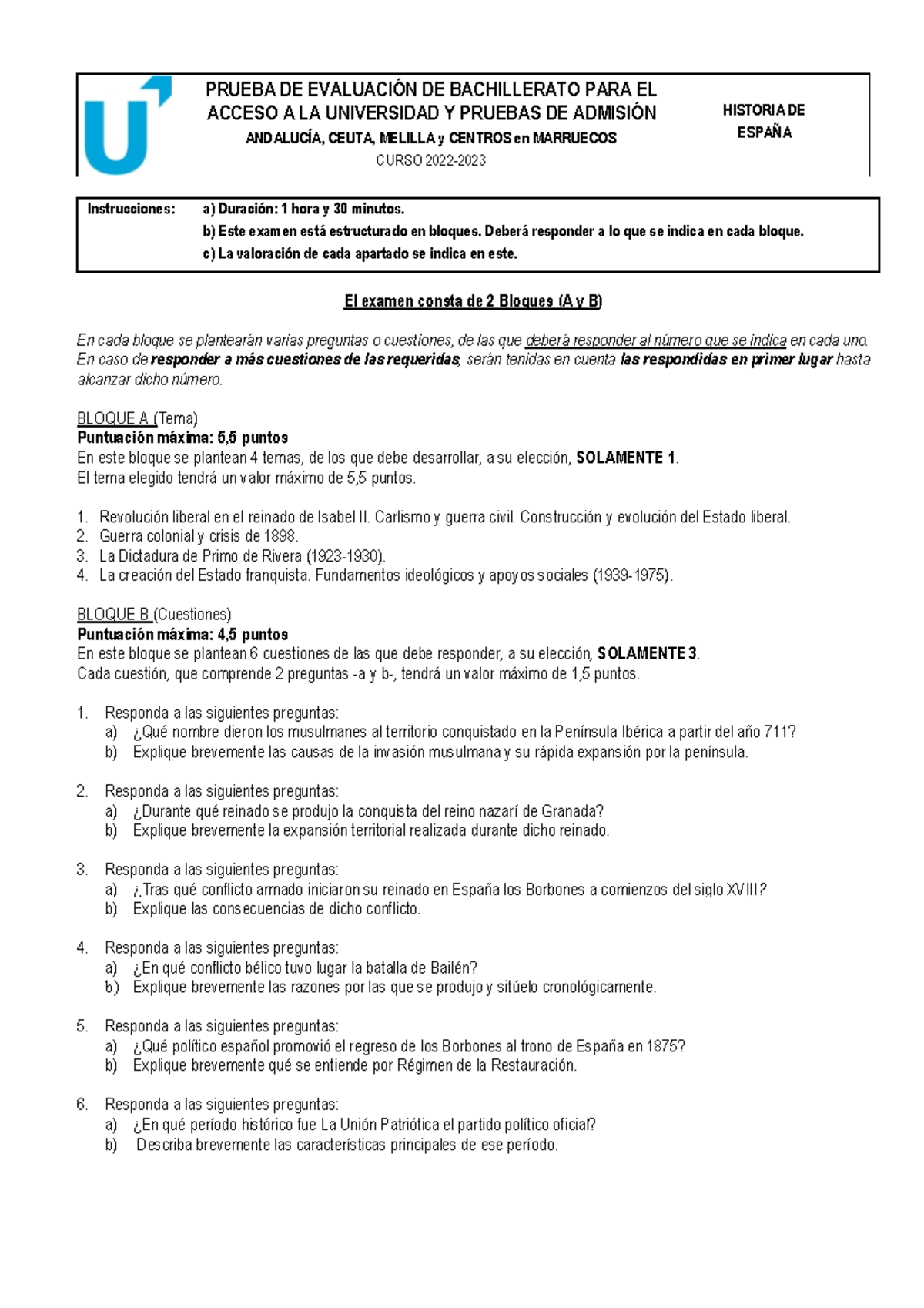 Examen Historia ESPA•A Suplente B - PRUEBA DE EVALUACIÓN DE ...