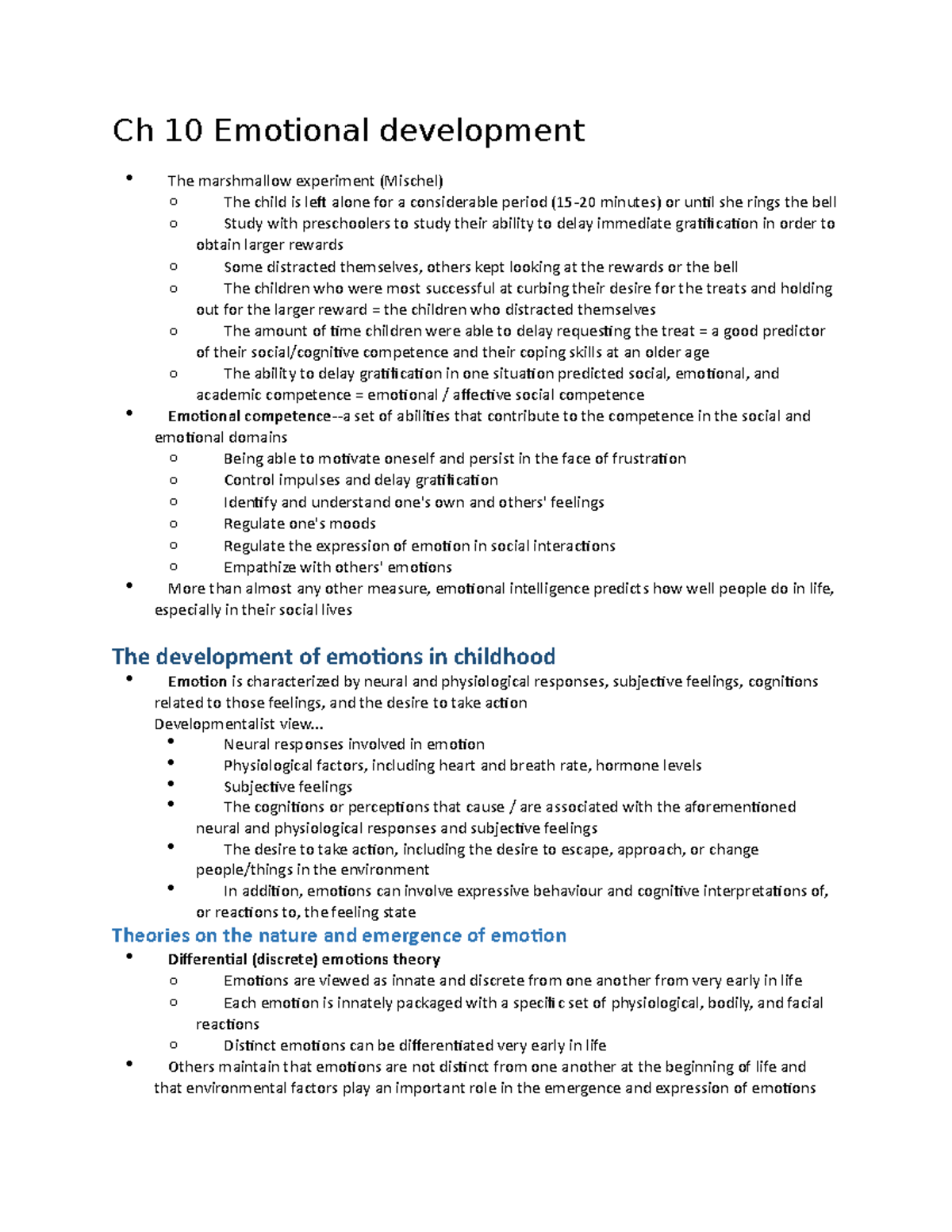 Ch 10 Emotional development Ch 10 Emotional development The marshmallow experiment (Mischel) o