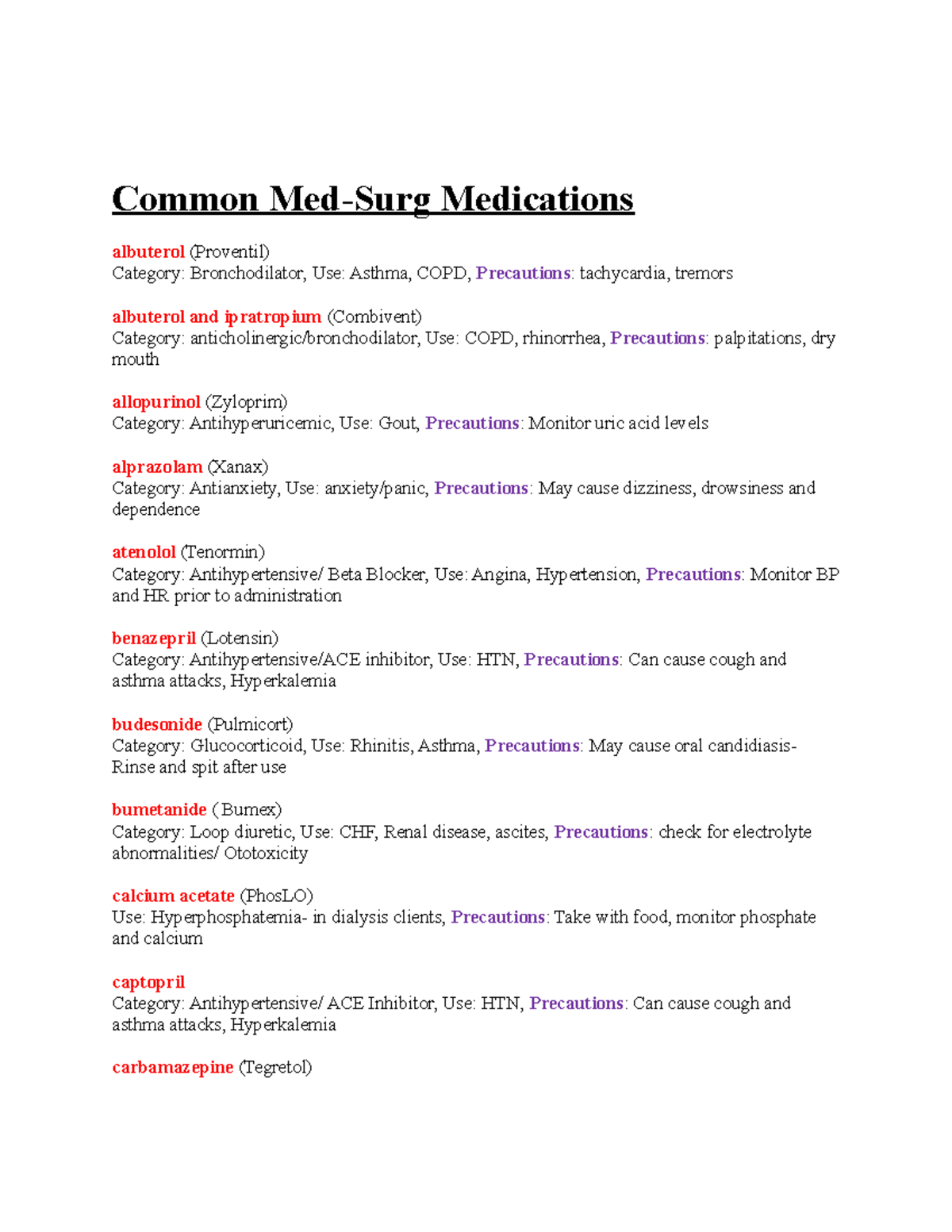 Common Med Surg Meds - Common Med-Surg Medications albuterol (Proventil ...