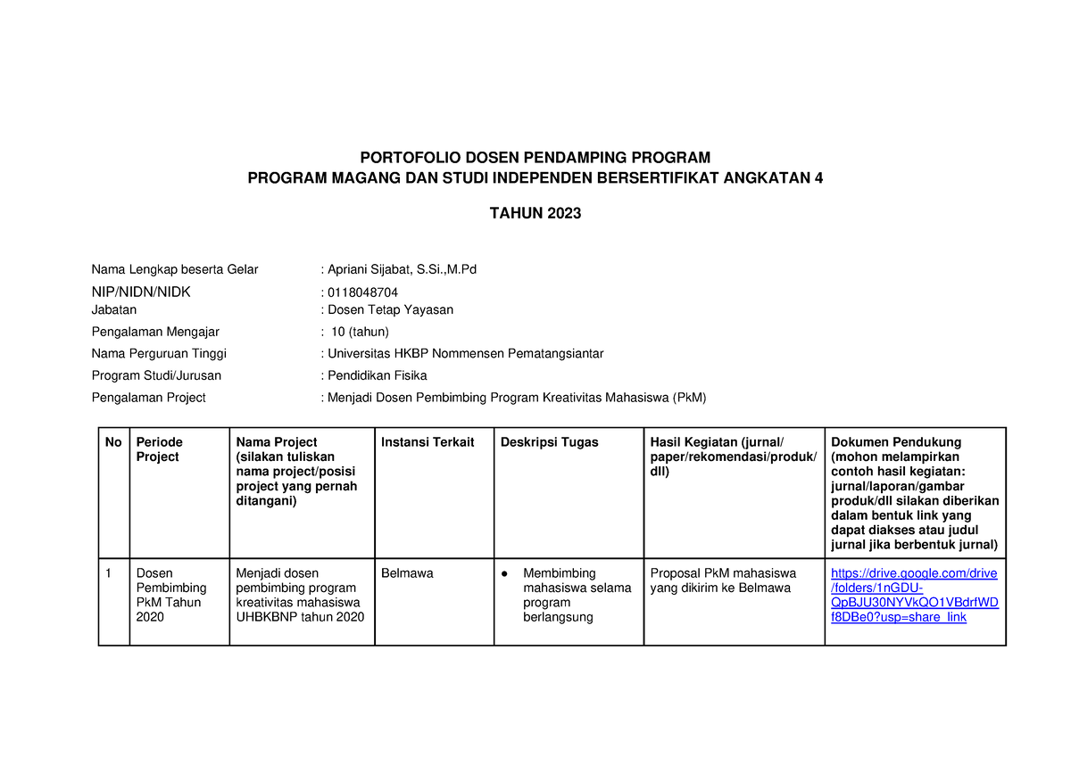 Format Portofolio Dpp Program Msib Batch 4 Portofolio Dosen Pendamping Program Program 4902