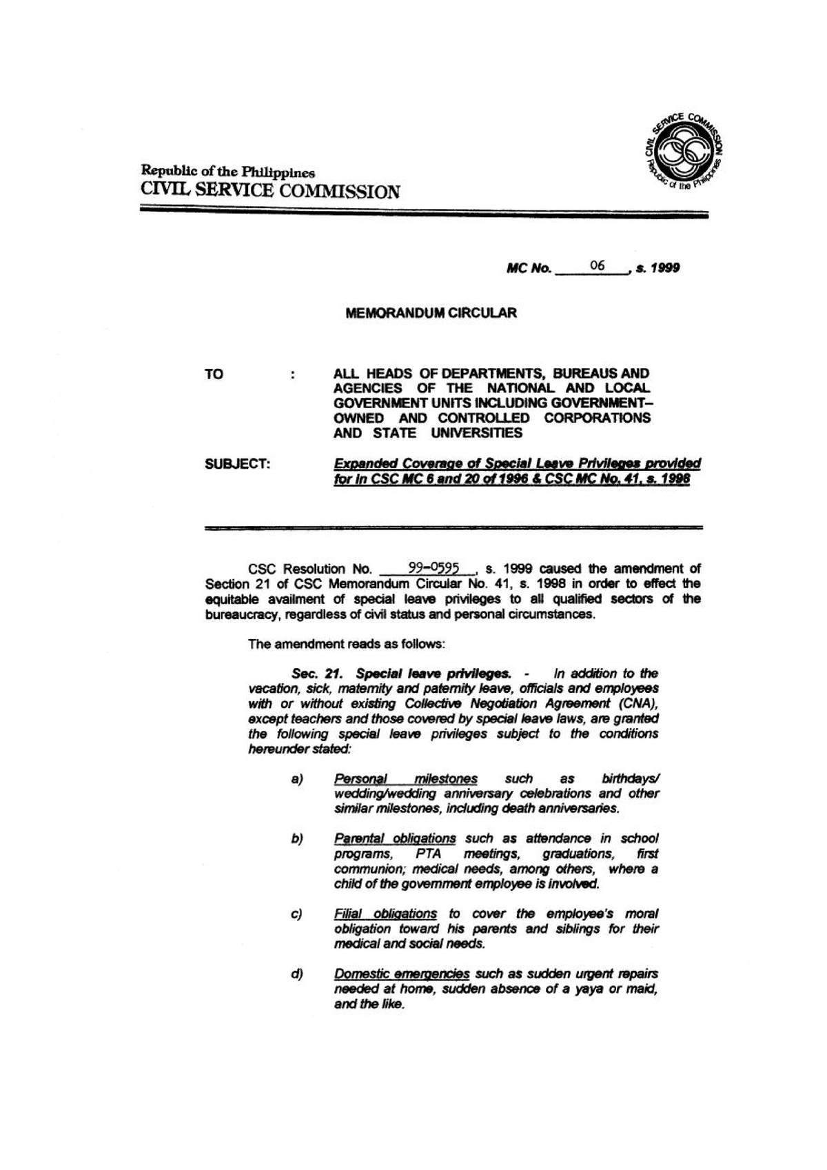 Mc6s1999 - CSC Issuances - Juris Doctor - Studocu