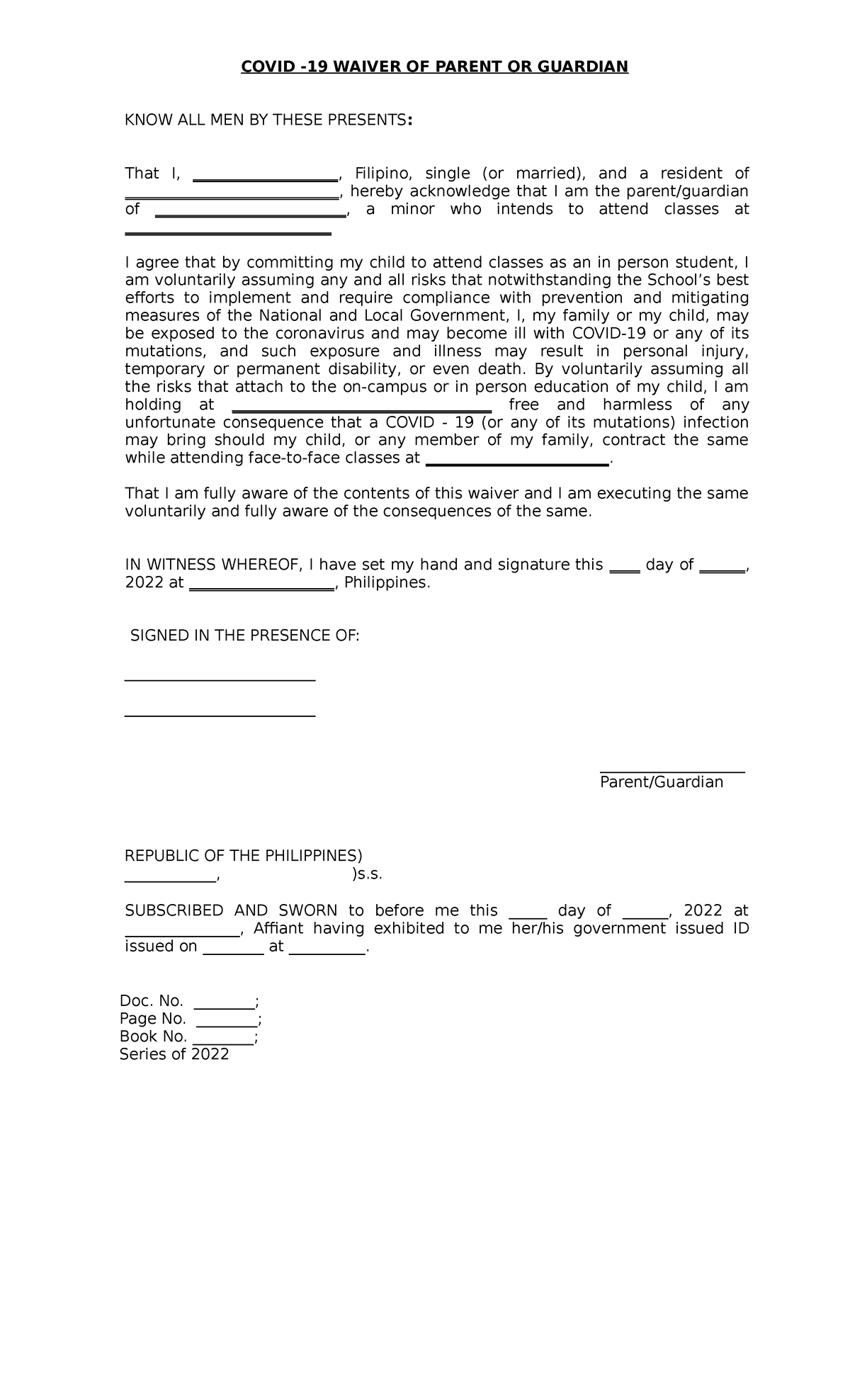 Copy of Covid 19 waiver for parents - COVID -19 WAIVER OF PARENT OR ...