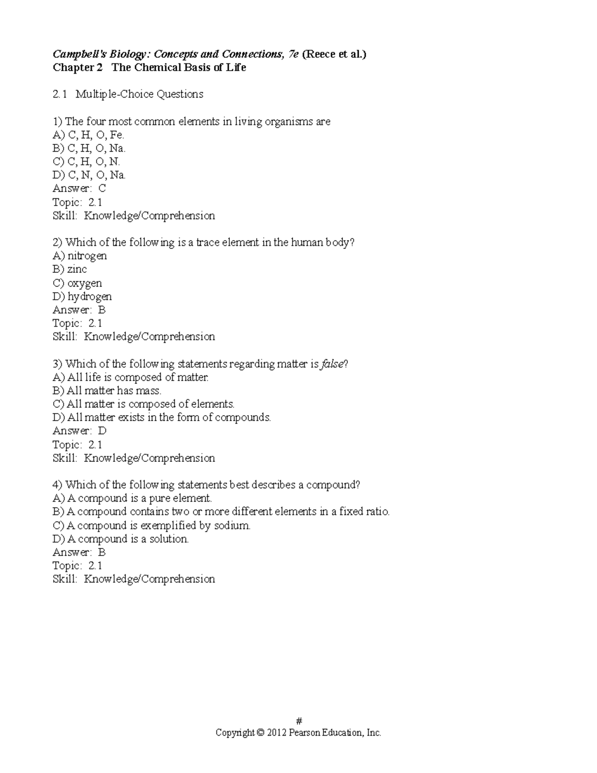 02 test bank 2 Wheatley biology test answer keys. Campbell's Biology Concepts and