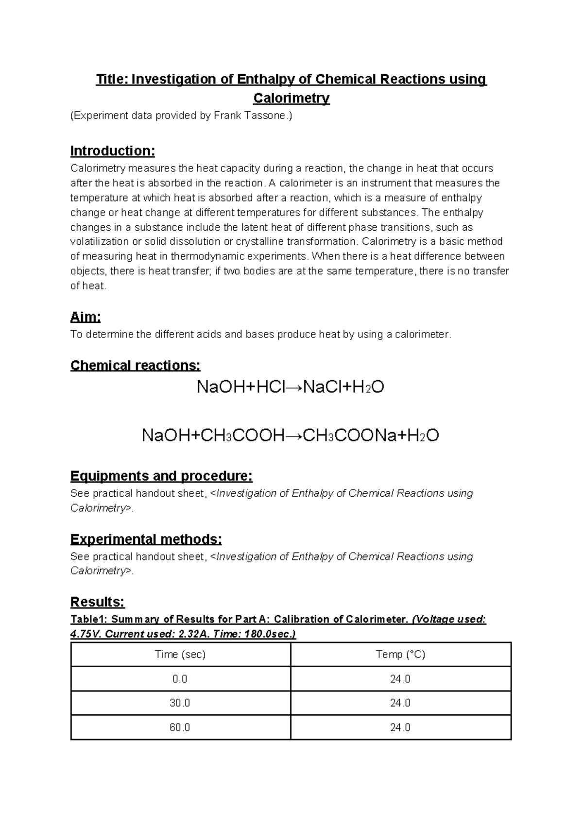 U2 chem report 2 - mkbb - Title: Investigation of Enthalpy of Chemical ...