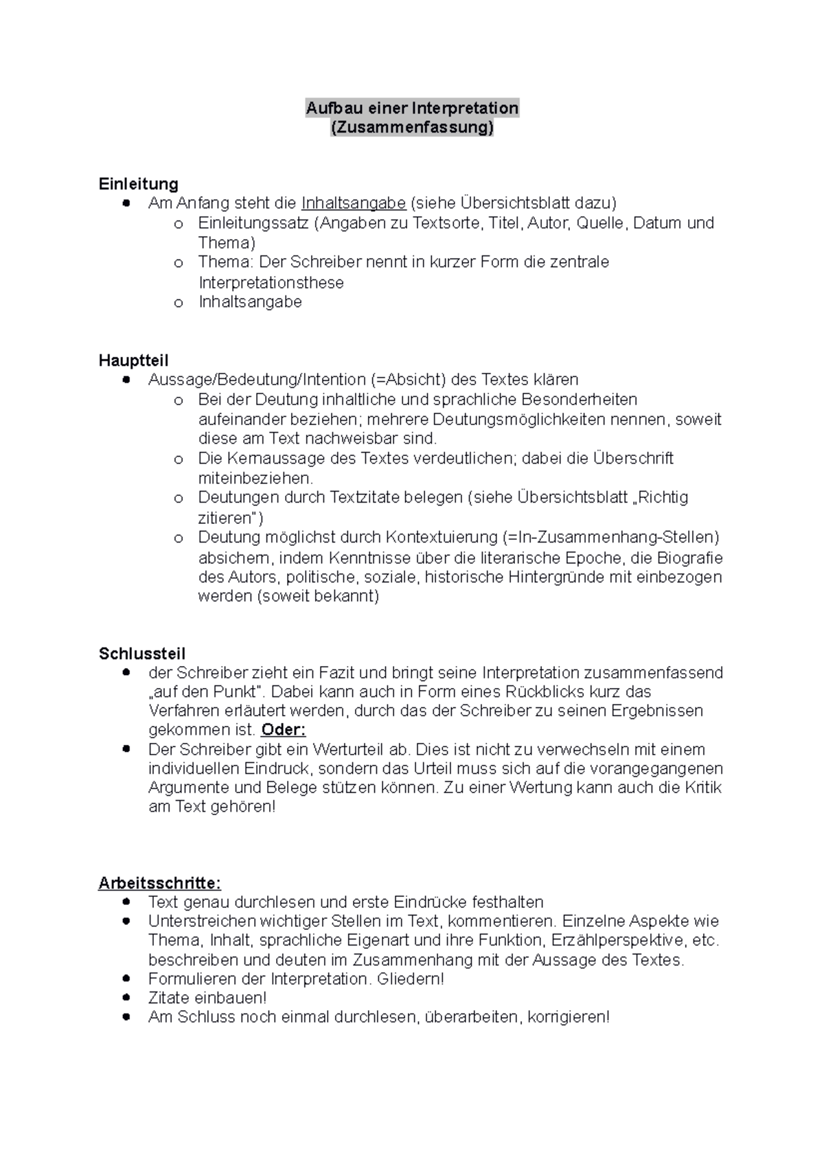 Aufbau Einer Interpretation Einer Kurzgeschichte Aufbau einer Interpretation - Übersichtsblatt - Aufbau einer