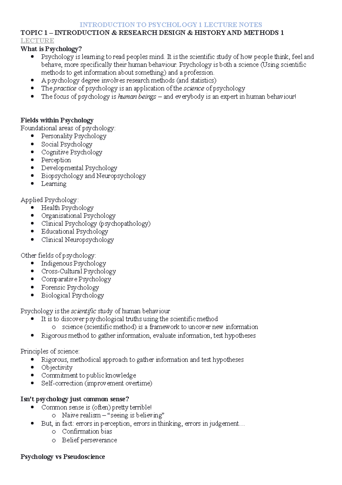 PSYU1104 Lecture Notes - INTRODUCTION TO PSYCHOLOGY 1 LECTURE NOTES ...