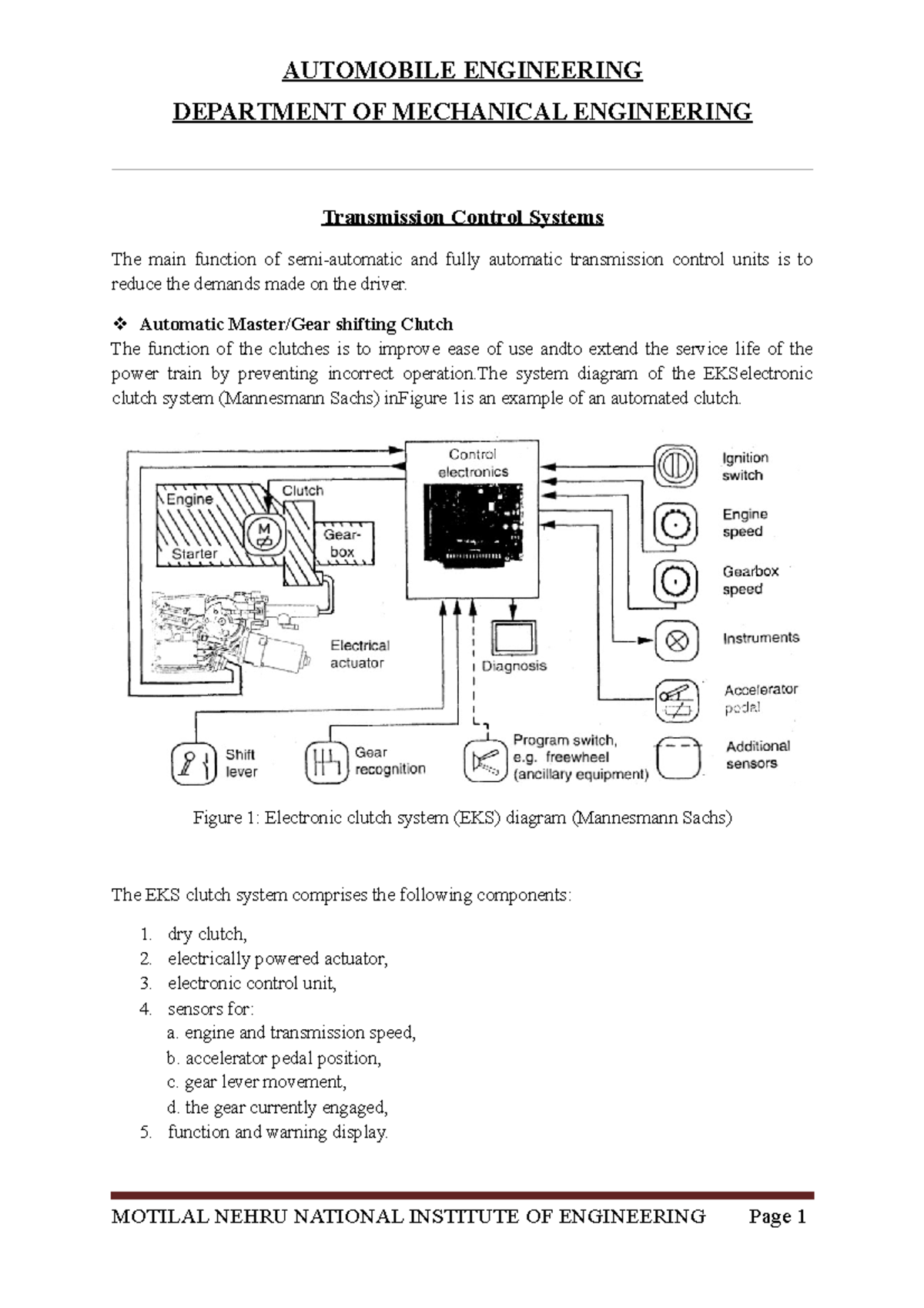 Transmission Control Systems DEPARTMENT OF MECHANICAL ENGINEERING