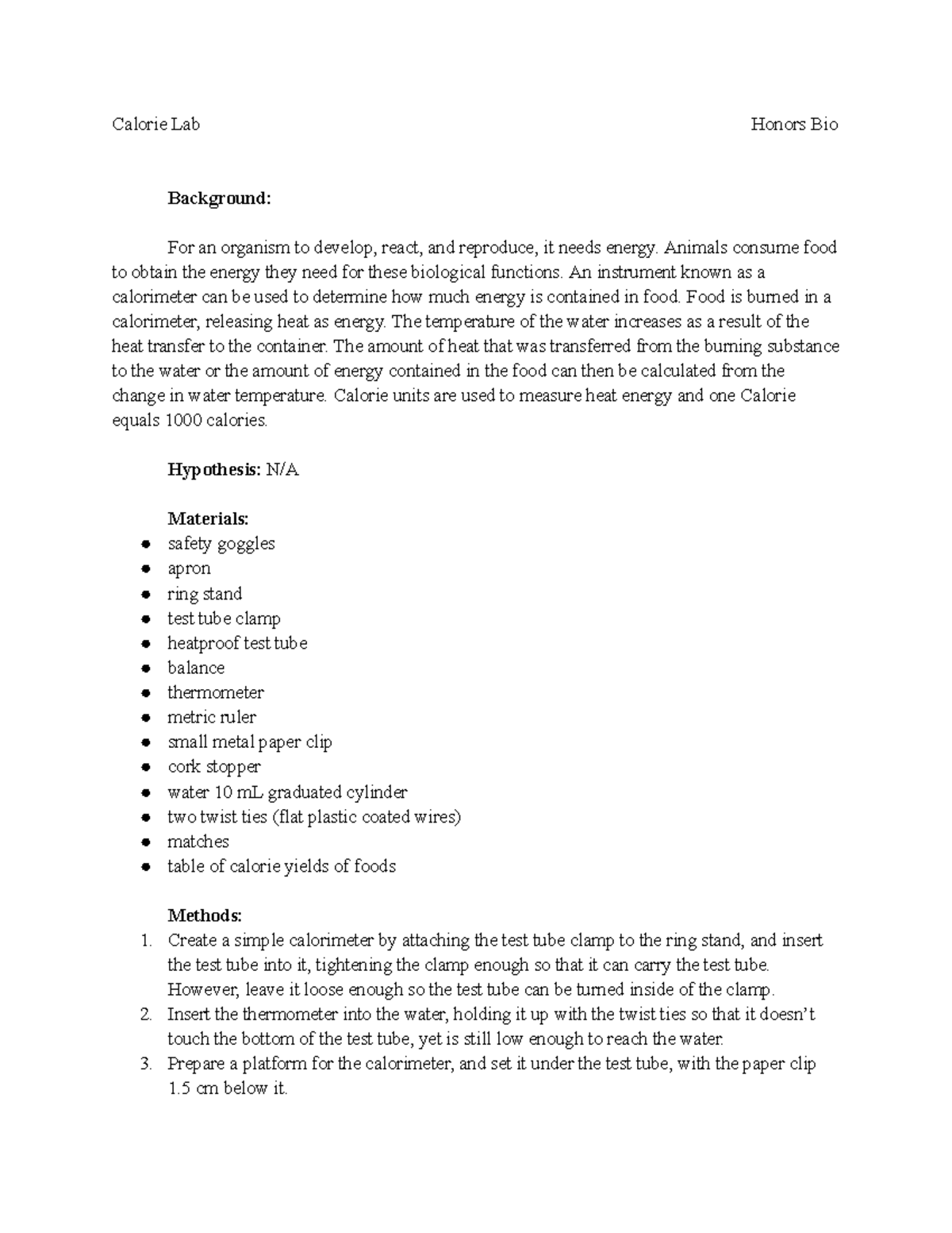Calorie Lab write up Lab report following the inclass lab work