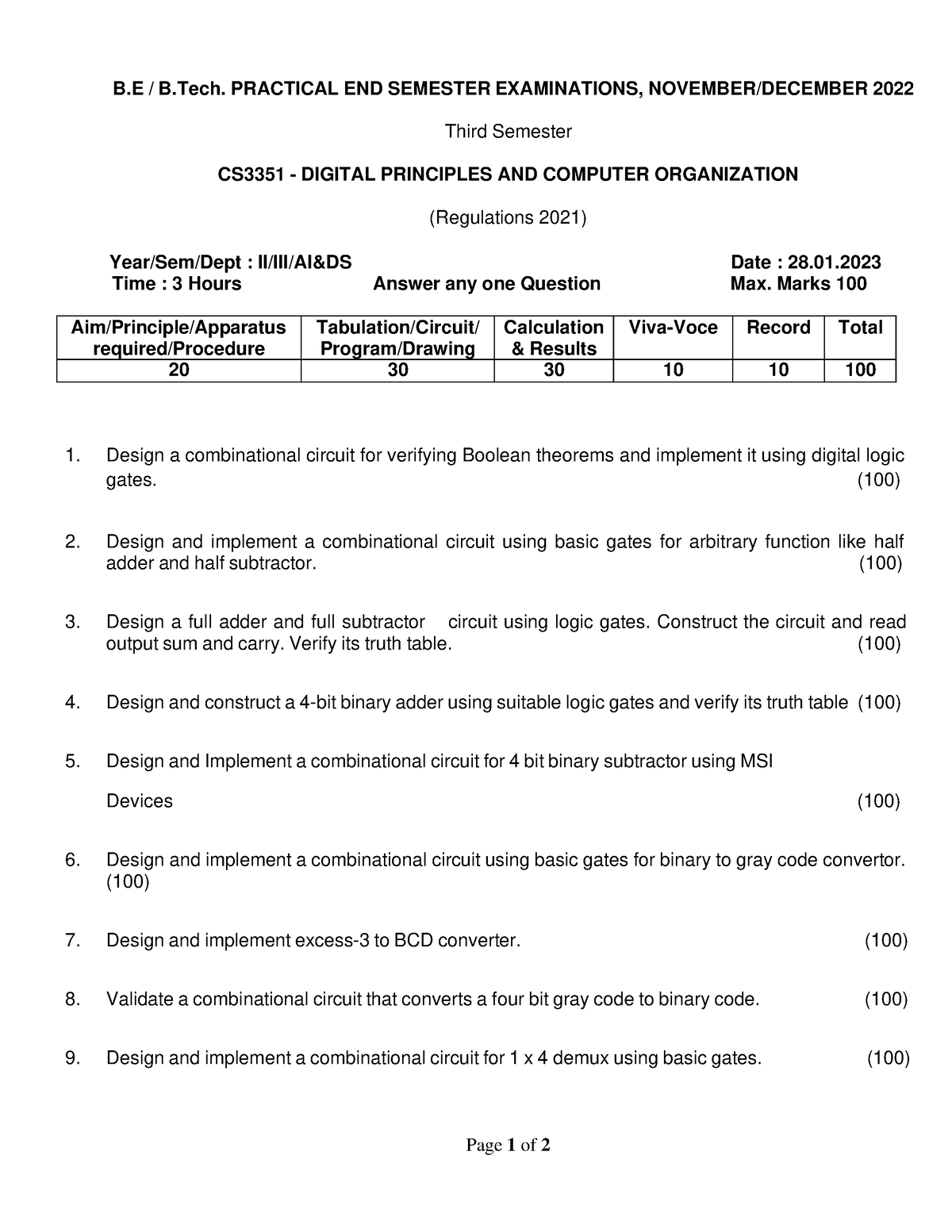 CS3351 SET2 - Jjj - Page 1 Of 2 B / B. PRACTICAL END SEMESTER ...