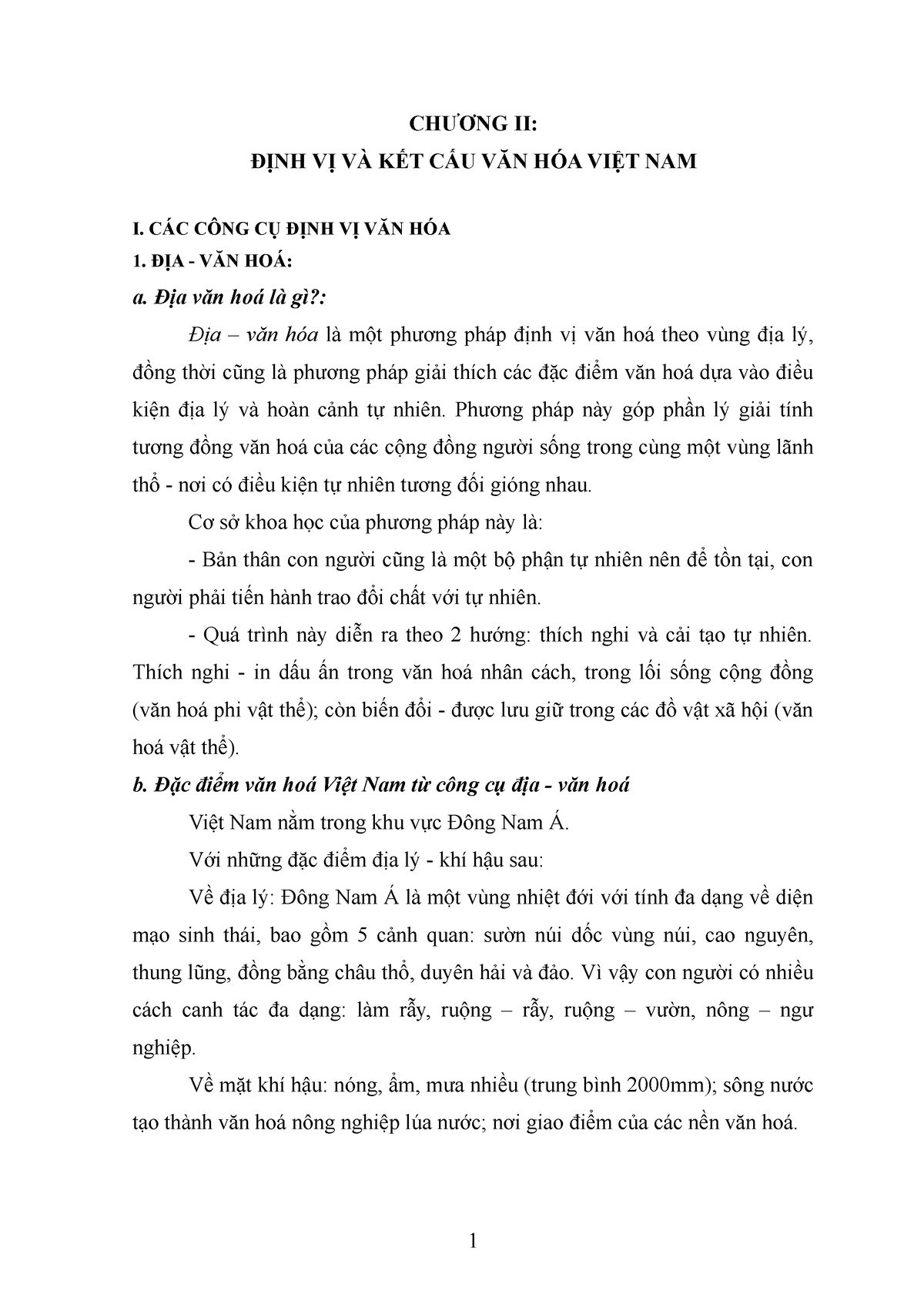 CHƯƠNG-II - CHƯƠNG II: ĐỊNH VỊ VÀ KẾT CẤU VĂN HÓA VIỆT NAM **I. CÁC CÔNG CỤ ĐỊNH VỊ VĂN HÓA ĐỊA - - Studocu