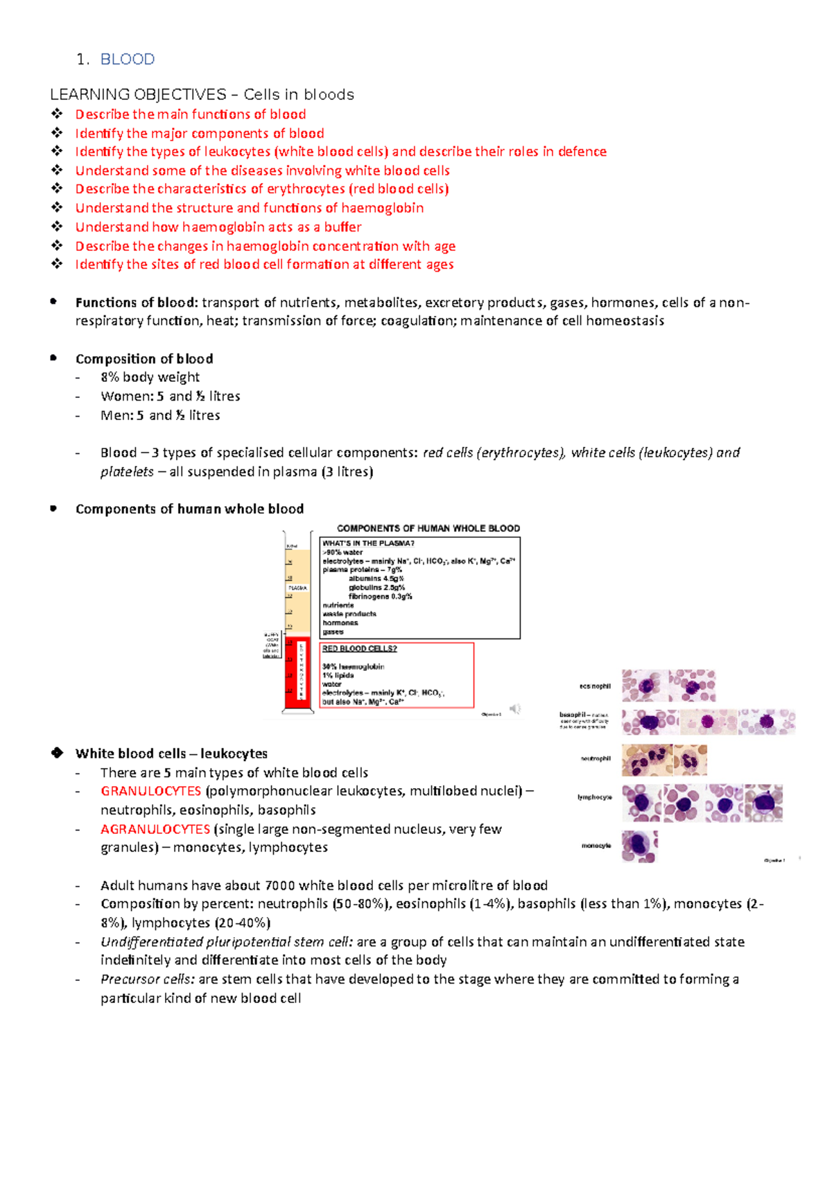 Blood - 1. BLOOD LEARNING OBJECTIVES – Cells in bloods Describe the ...