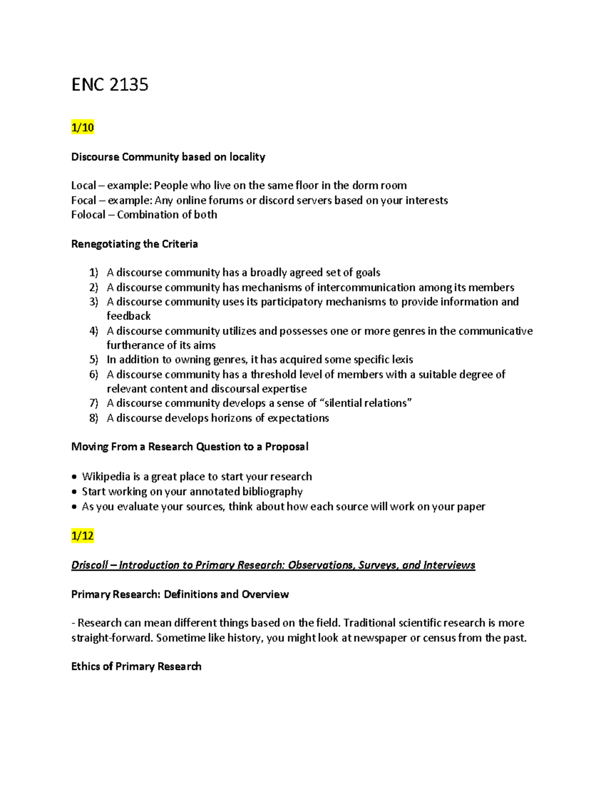 ENC 2135 Notes - Dates are in the document - ENC 2135 1/ Discourse ...