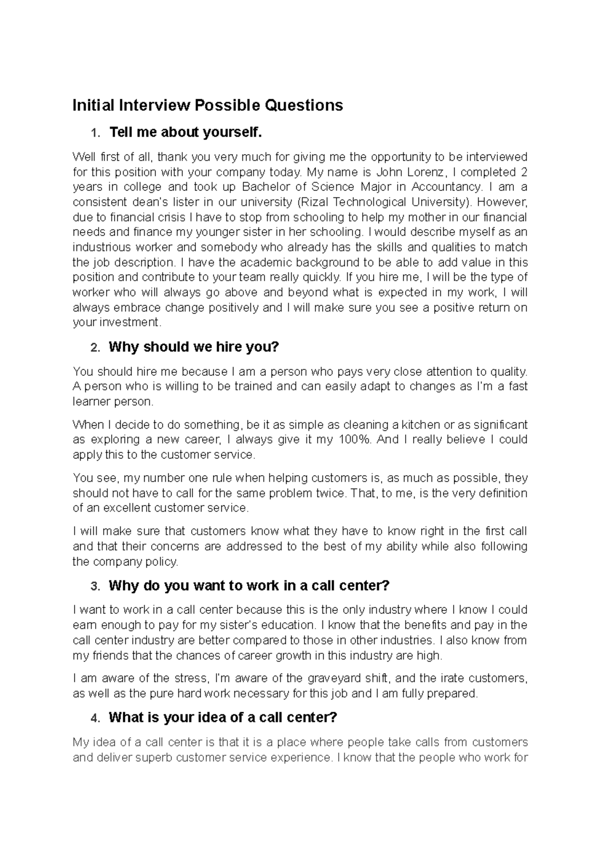 Initial and Final Interview Guide Initial Interview Possible