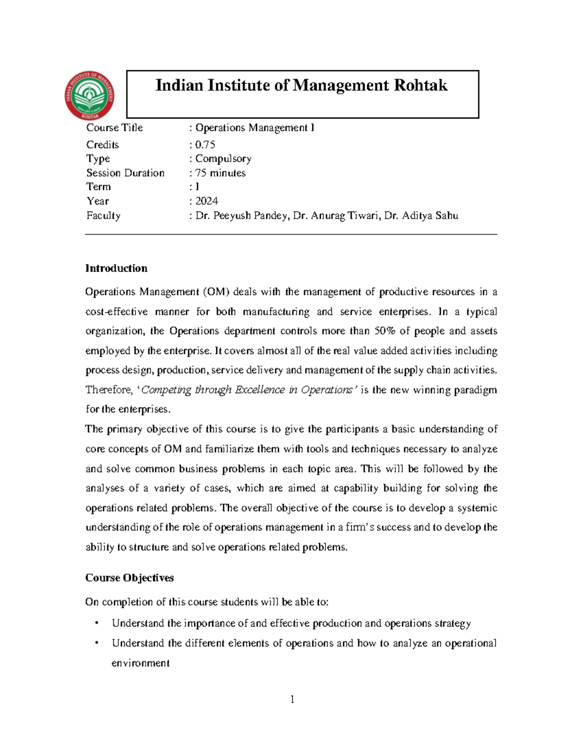 Course Outline OM - I - 2024 - Course Title : Operations Management I ...