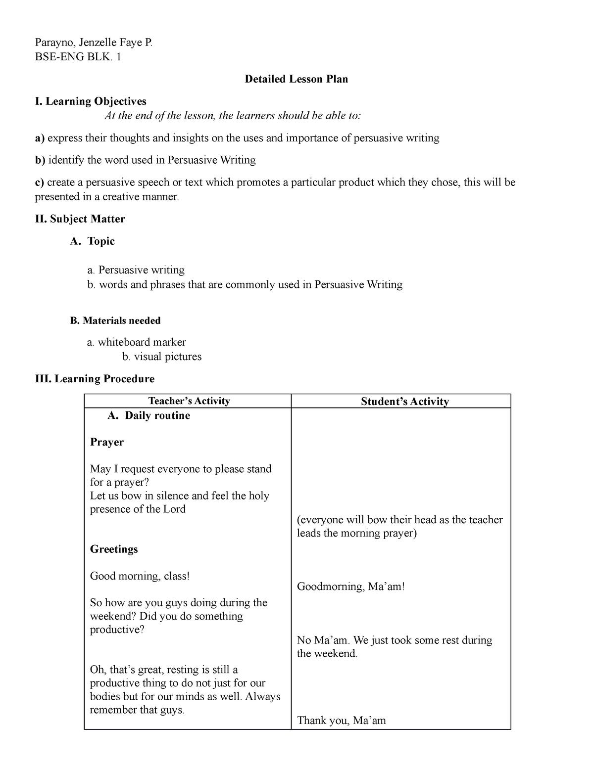 Detailed Lesson Plan Persuasive writing - Parayno, Jenzelle Faye P. BSE ...