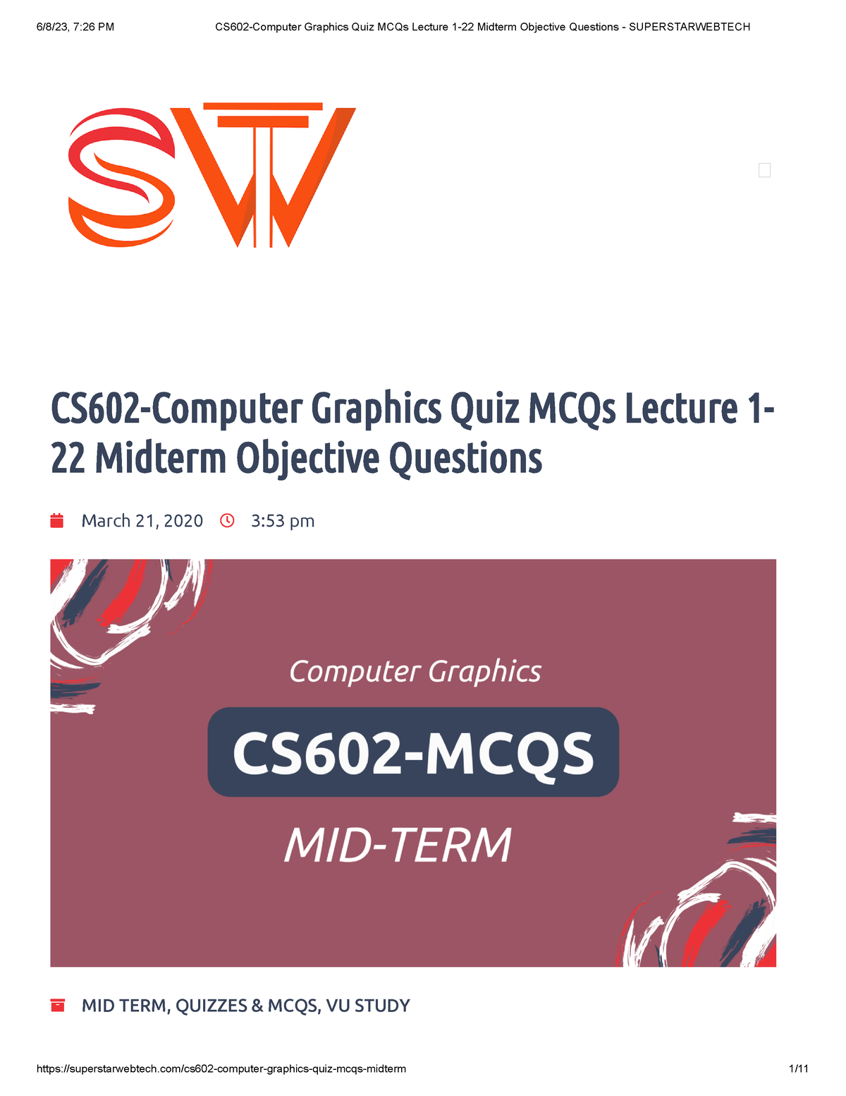 CS602-Computer Graphics Quiz MCQs Lecture 1-22 Midterm Objective ...