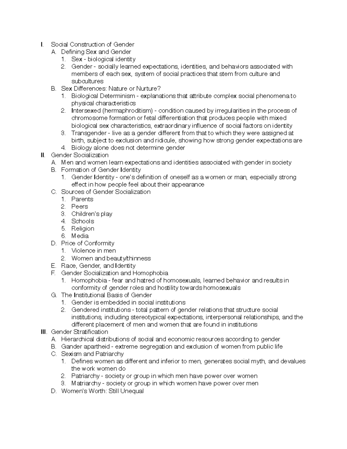 Sociology Chapter 11 - I. Social Construction of Gender A. Defining Sex ...