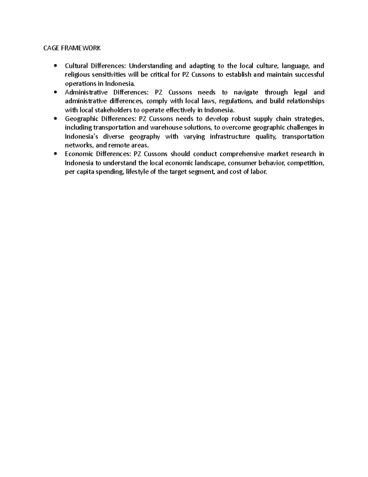 CAGE Framework CAGE FRAMEWORK Cultural Differences Understanding and