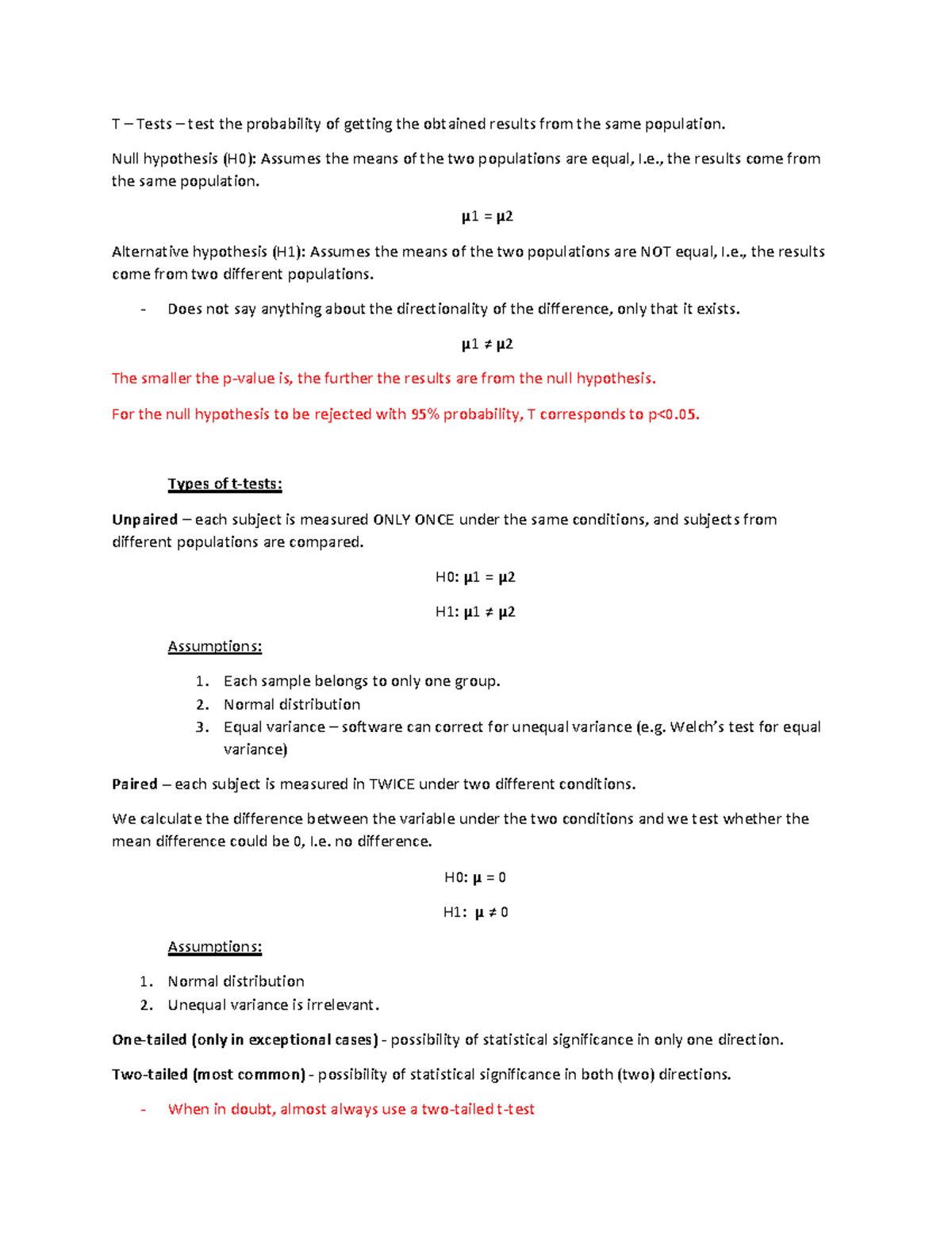 T tests - Lecture notes 1 - T – Tests – test the probability of getting ...