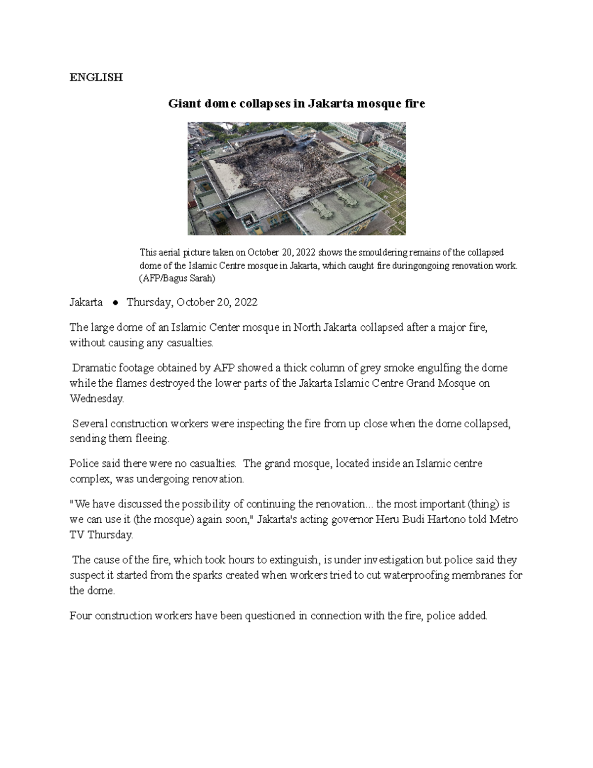 NEWS ITEM Bingg IMAM Yahya ENGLISH Giant dome collapses in Jakarta