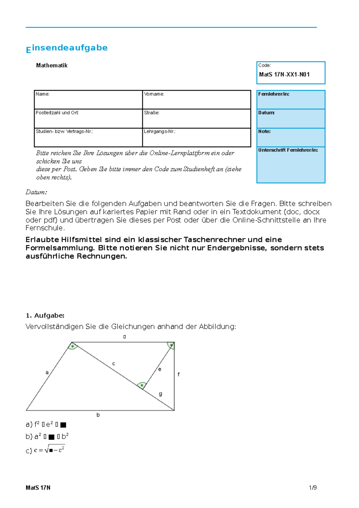 MATS17N - Musterlösung - Einsendeaufgabe Mathematik Code: MatS 17N-XX1 ...