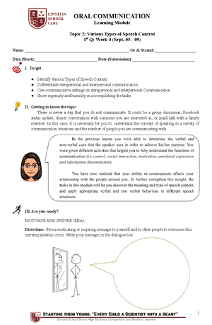 Topic 2 Speech Act - ORAL COMMUNICATION Learning Module 1st Topic 2 ...