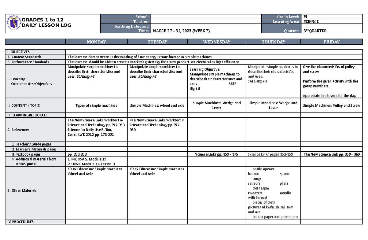 Lesson Log- Science 6 Q3 W7 - Grades 1 To 12 Daily Lesson Log School 