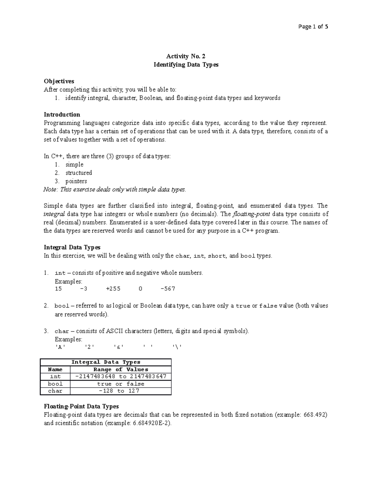 Identifying Data Types Activity No. 2 Identifying Data Types
