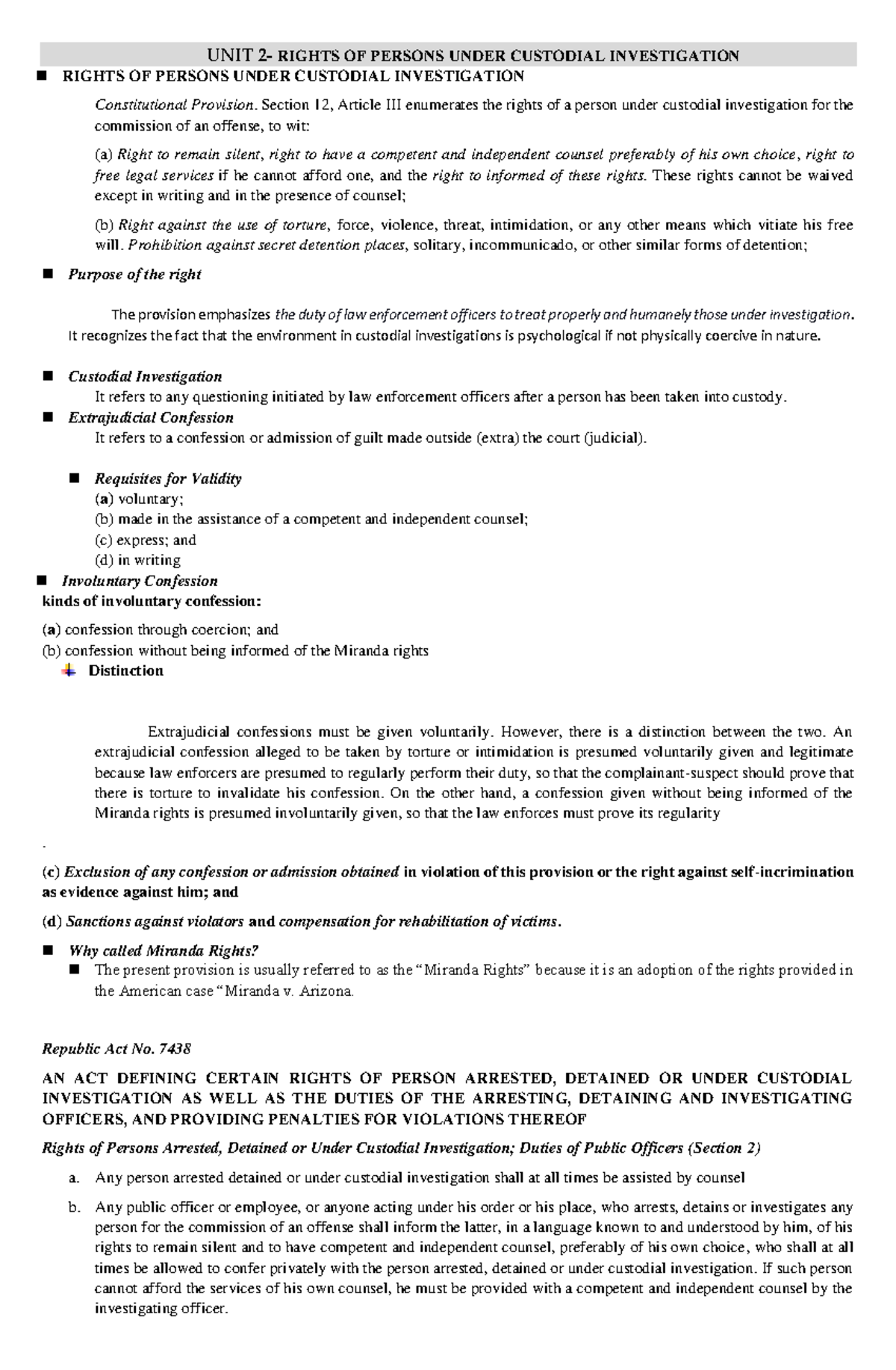 Crime invest 2 - Vigvgv - UNIT 2- RIGHTS OF PERSONS UNDER CUSTODIAL ...