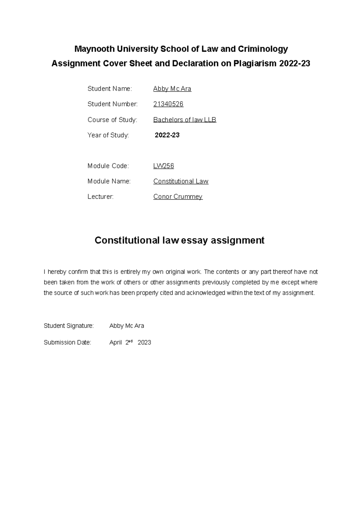 Constitutional law assignment 2023 Maynooth University School of Law
